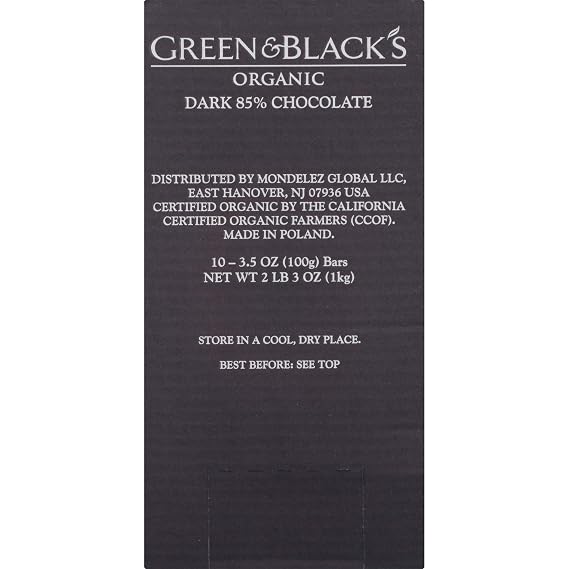 Green & Black's Organic Dark Chocolate, 85% Cacao, 90g (Pack of 10)