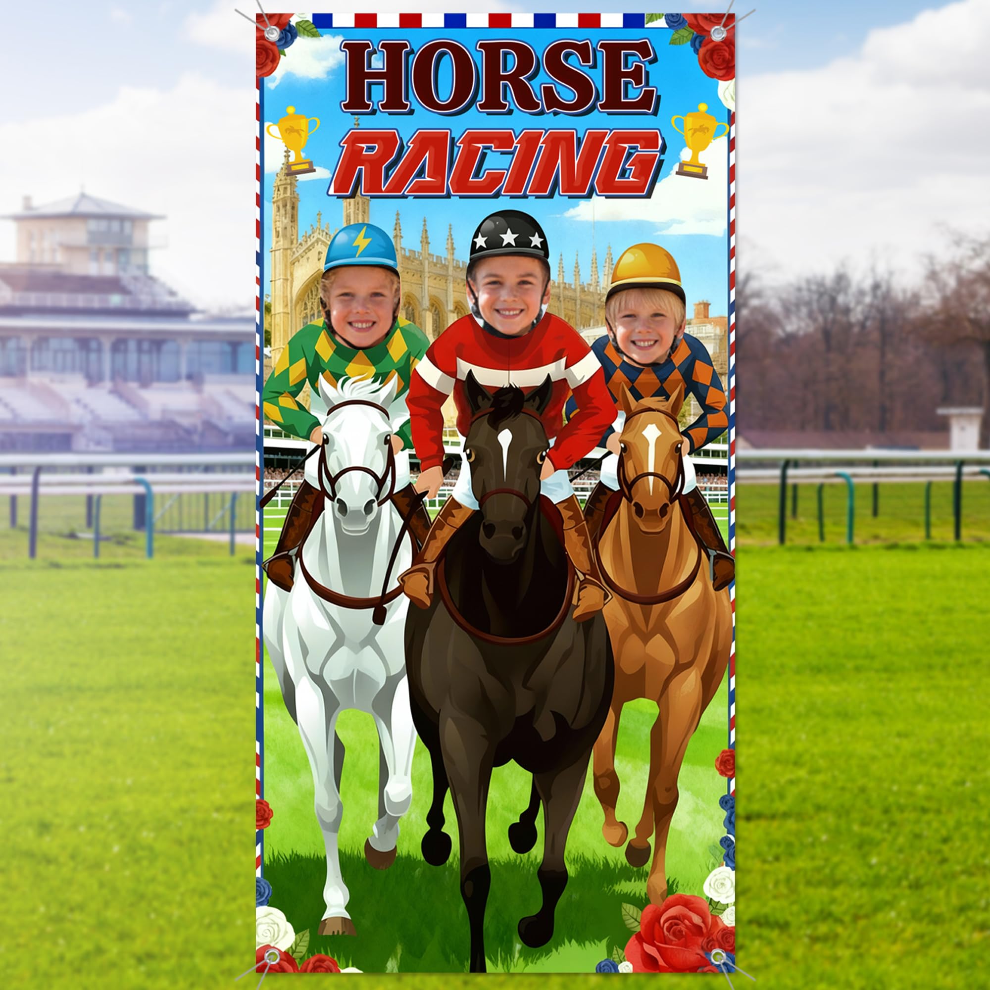 Horse Racing Game Photo Banner - Funny Fabric Race Day Backdrop with 3 Cartoon Face Frame Background, 180 x 90 cm Booth Props Sign for Horse Racing Party Supplies