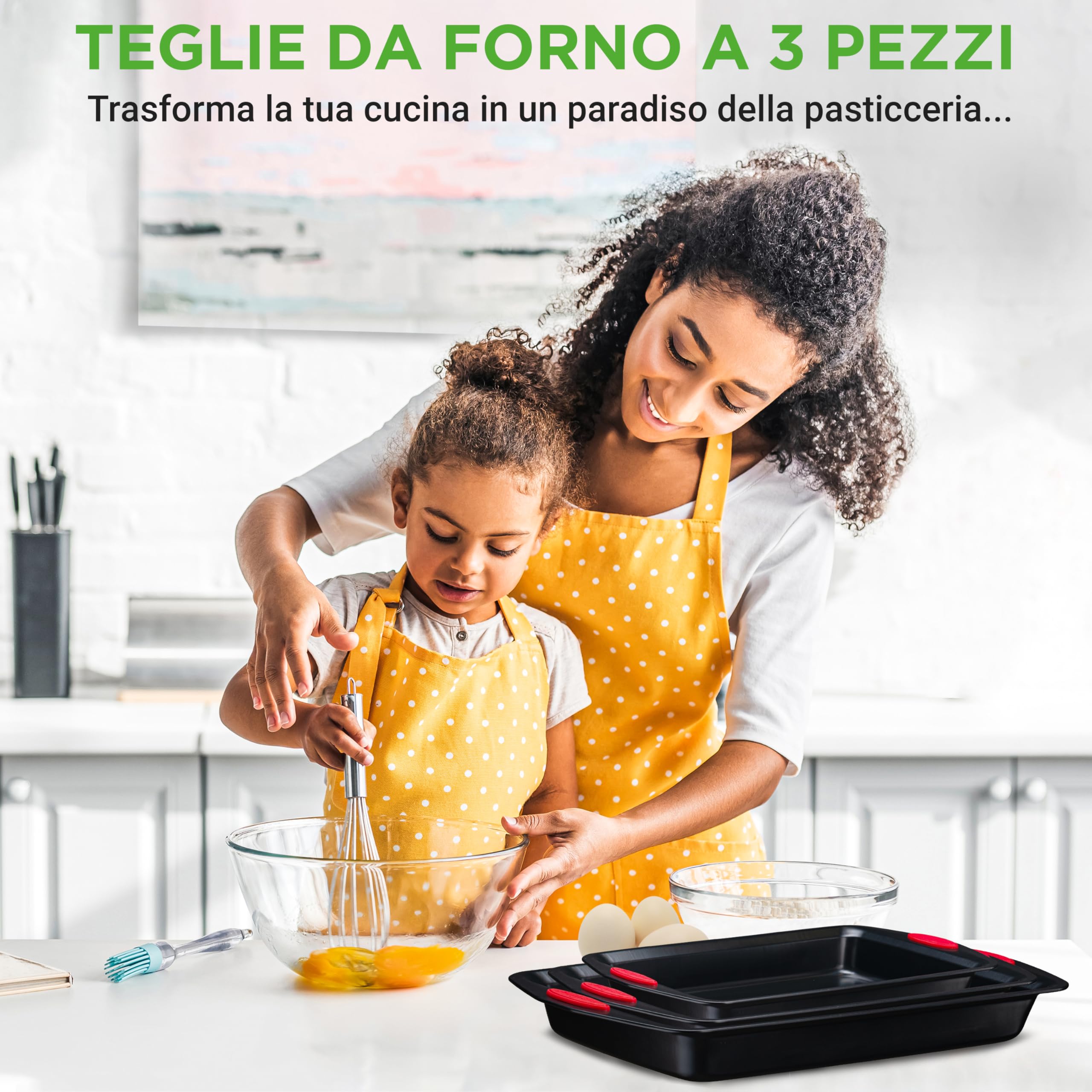 NutriChef Set 3 Pezzi Teglie Forno Antiaderenti in Acciaio al Carbonio con Manici in Silicone, Teglie da Forno Grandi, Medie, Piccole per Pizza, Pane, Dolci, Biscotti, Lasagna, Verdura, Torta, Nero