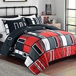 ARTALL Microfiber 2 Pieces Comforter Set Black Gray Red Plaid Pattern Lightweight Bedding Set, Twin Size with 1 Sham