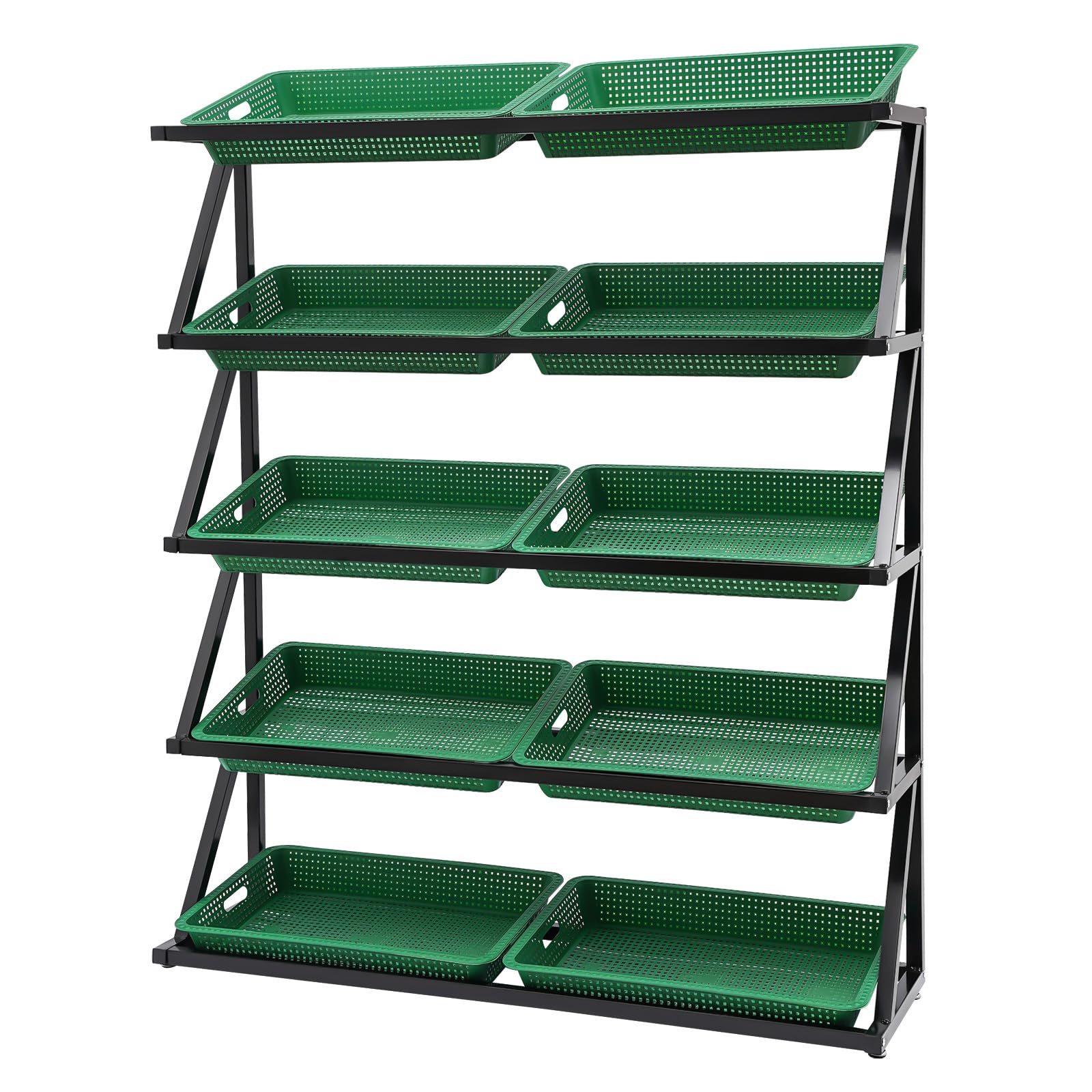 RocoReny 5 Tier Retail Display Shelves with 10 Baskets, Standing Organizer Shelf Units Metal Holders Storage Rack, Freestanding Display Stand for Office Pantry Kitchen, 49.2 * 13.8 * 59.1in (Green)