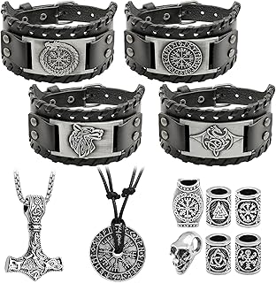 12 Pcs Viking Bracelet Nordic Amulet Accessories for Men Rune Compass Dragon Fenrir Wolf