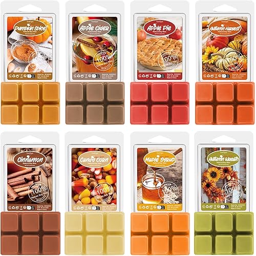 Autumn Scented Wax Melts, Fall Scented Wax Melts, Strong Scented Soy Wax Cubes/Tarts for Warmer, Candle Wax Melts for Home, Pumpkin Spice, Cinnamon, Apple Cider, Autumn Wreath, 8x2.5oz