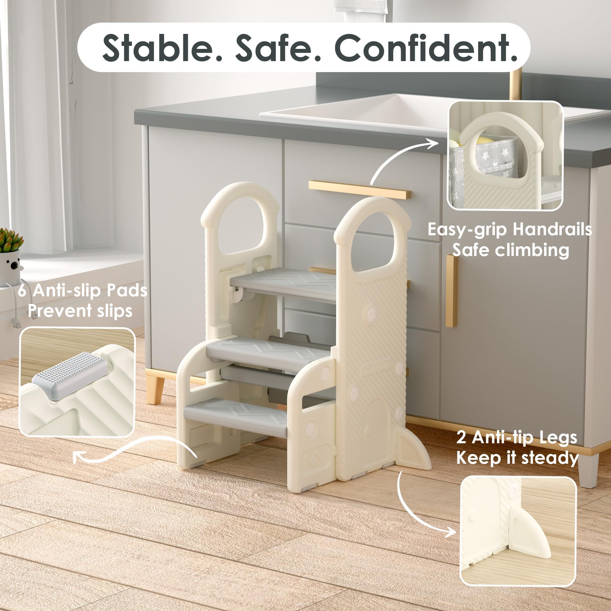 Sgabello Bambini con Maniglie, Scaletta Regolabile a 2 o 3 Gradini, Compatta e Antiscivolo per Bagno, Cucina, WC e Lavandino(Grigio)