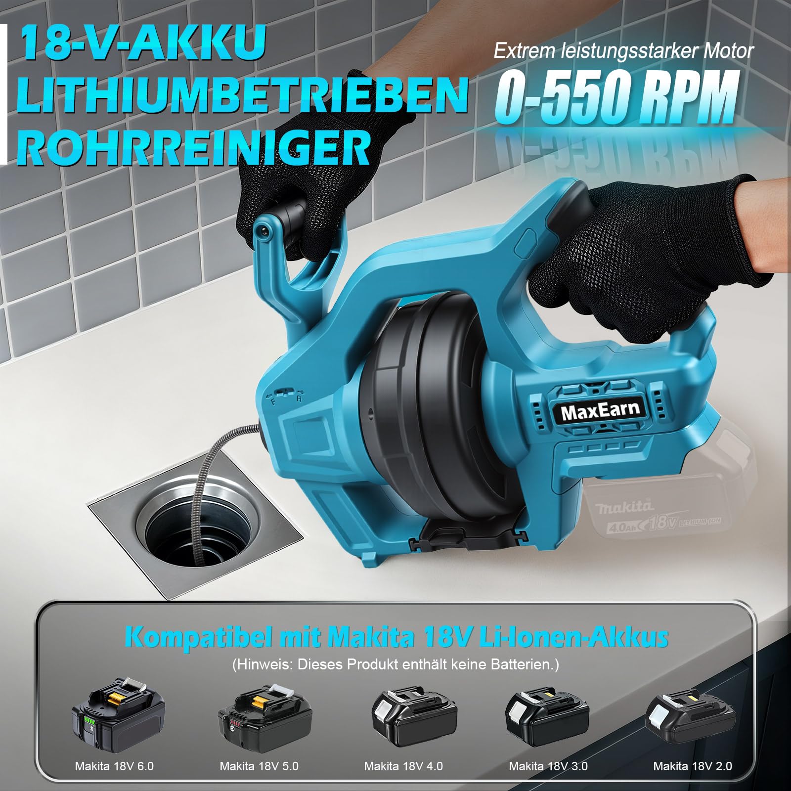 Espiral de limpieza automática de tuberías con batería, compatible con batería Makita de 18 V, 23,6 pies, desatascador de desagües, para 19-85 mm, limpiador de tuberías en espiral para cocina