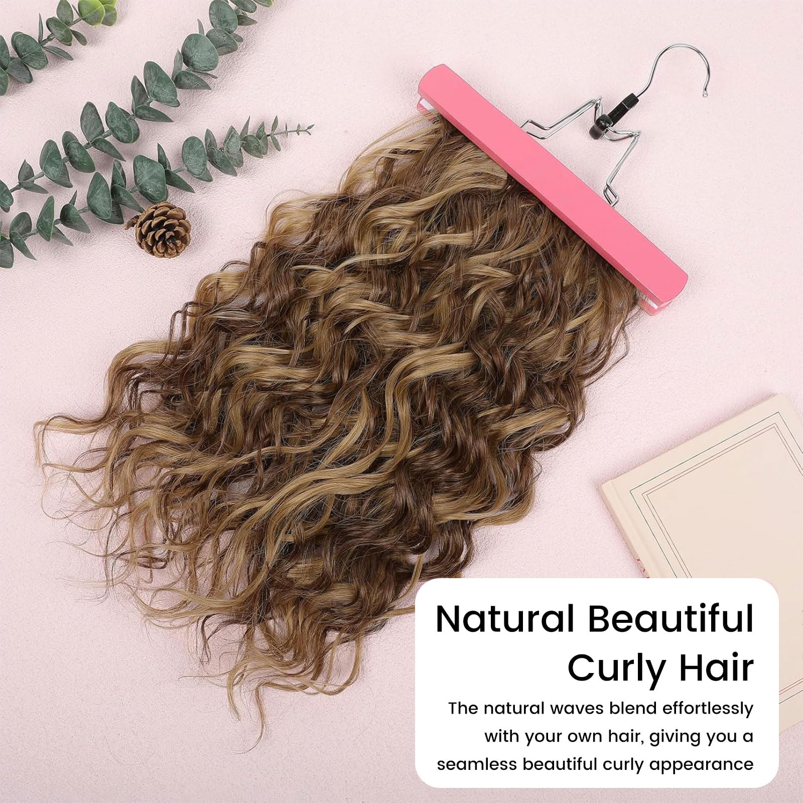 LunarCharm extensiones de cabello rizado de 4 piezas, 40 cm extensiones de cabello con clip, cortas invisibles naturales para mujeres, marrón chocolate con reflejos