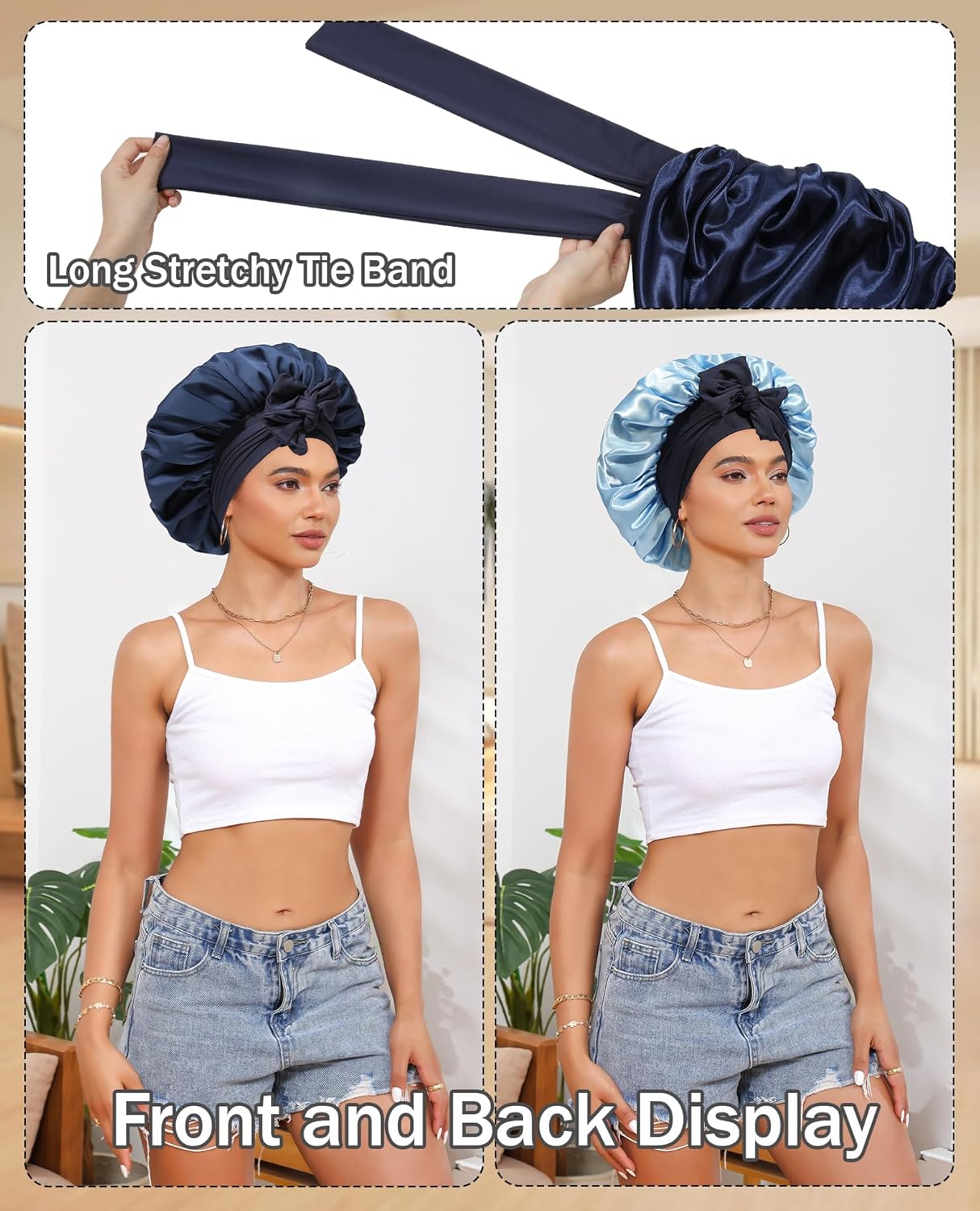 Satin Bonnet Silk Bonnet for Sleeping Silk Sleep Cap Double Layer Hair Bonnet with Elastic Tie Band for Curly Hair Night Cap (Navy+Light Blue) - Image 2