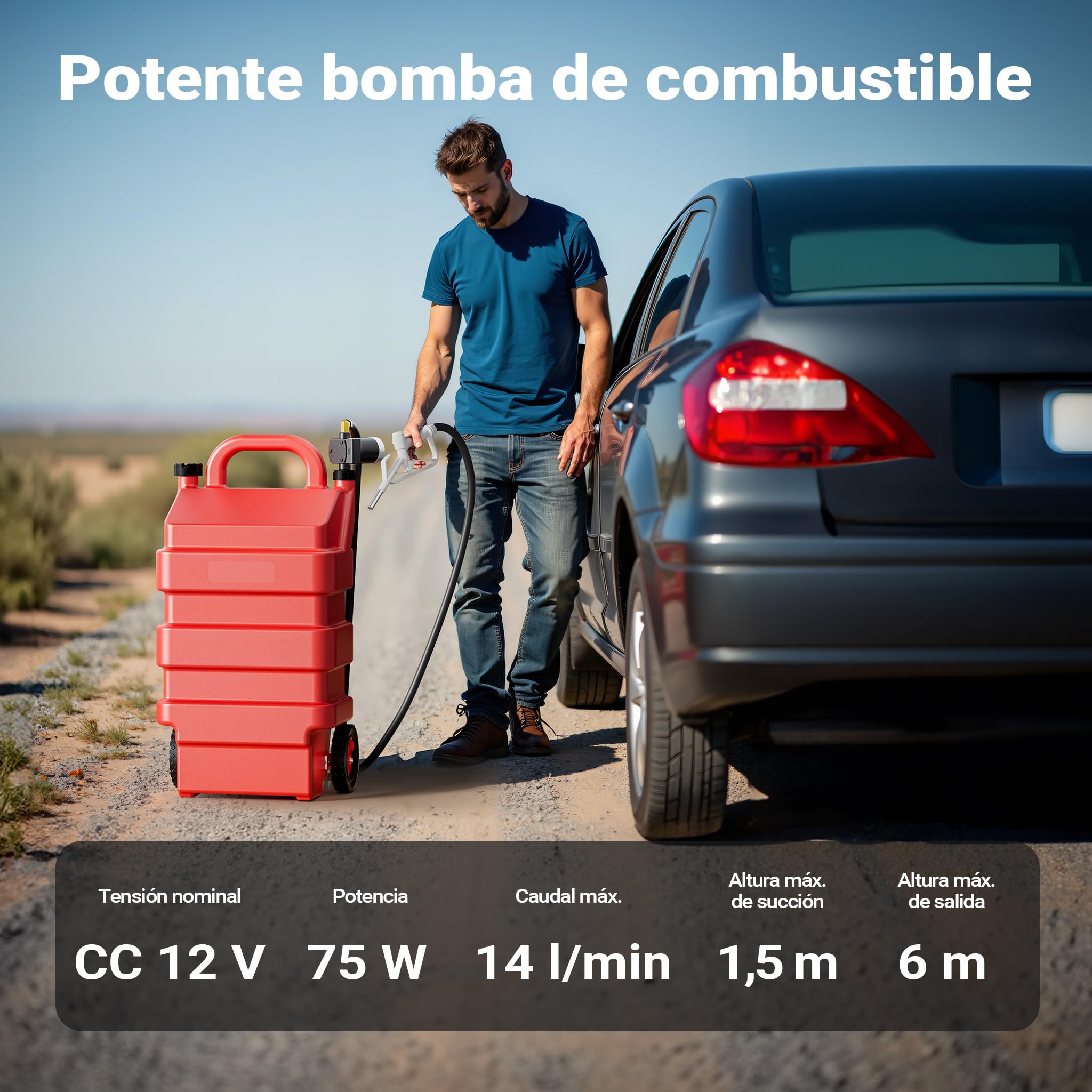 Wiltec Tanque de combustible portátil 60 l con bomba de transferencia 12 V para gasolina y diésel depósito de combustible móvil con ruedas bidón gasolina, garrafa