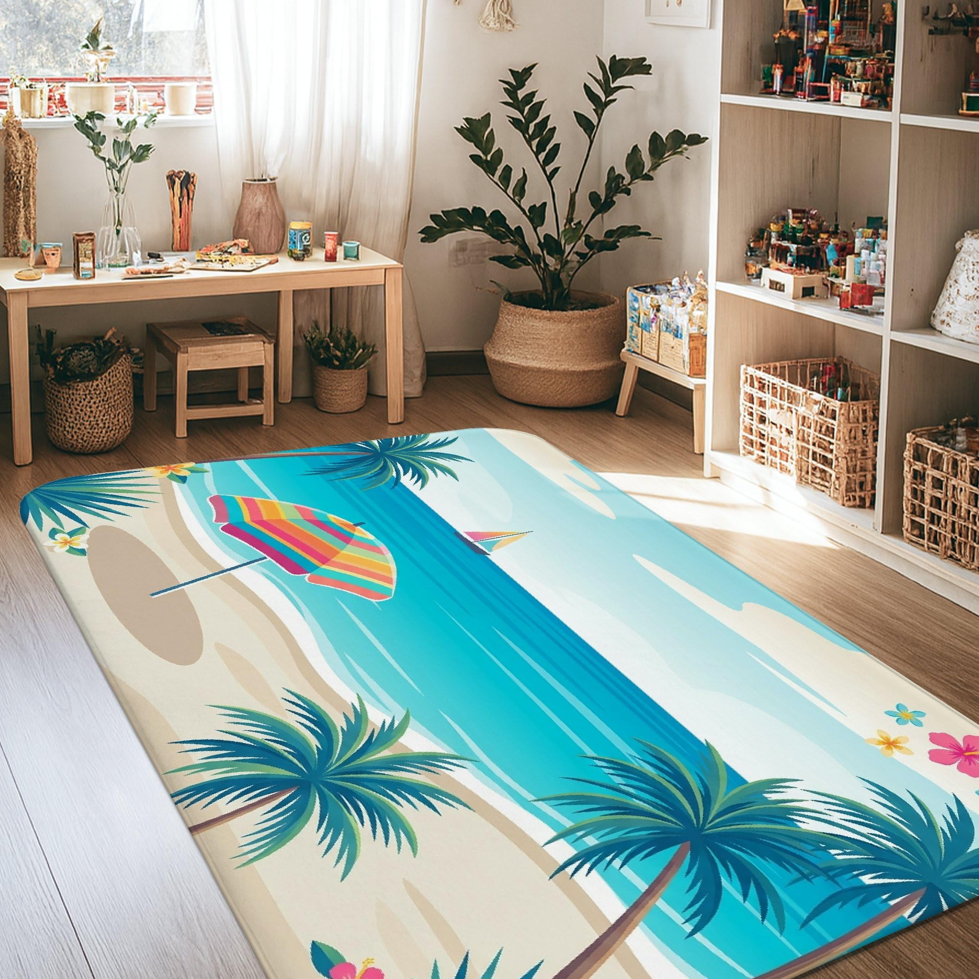 Tapis antidérapant grand format imprimé palmier pour salon