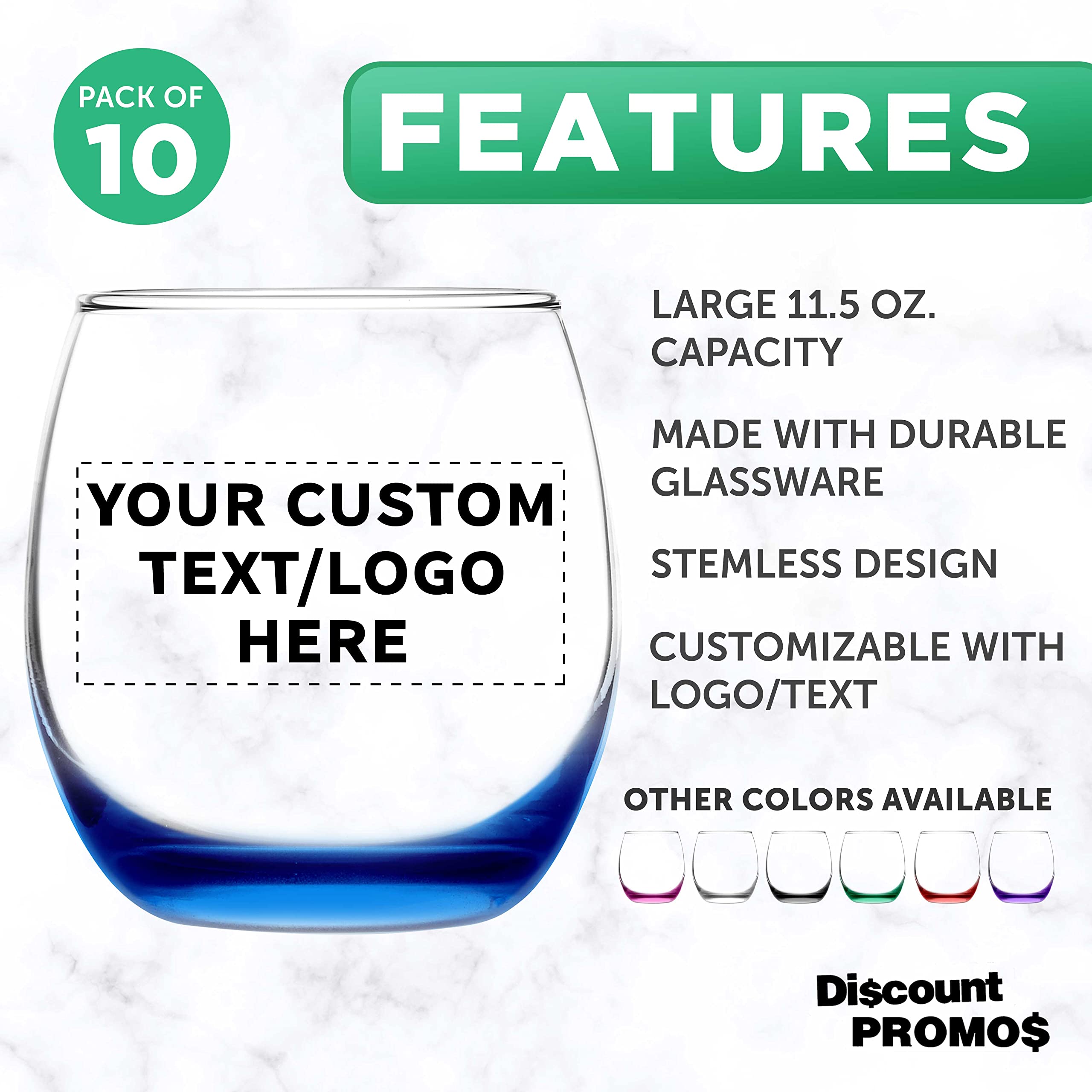 Custom Mikonos Stemless Wine Glasses 11.5 oz. Set of 10, Personalized Bulk Pack - Restaurant Glassware, Perfect for Red Wine, White Wine, Cocktails - Blue