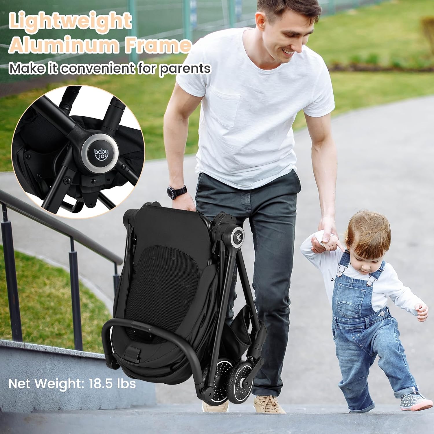 BABY JOY Baby Stroller, Foldable Toddler Stroller with Reversible Seat, Adjustable Backrest/Canopy/Handle/Footrest, Storage Basket, Suspension Wheels, Aluminum Frame (Black)