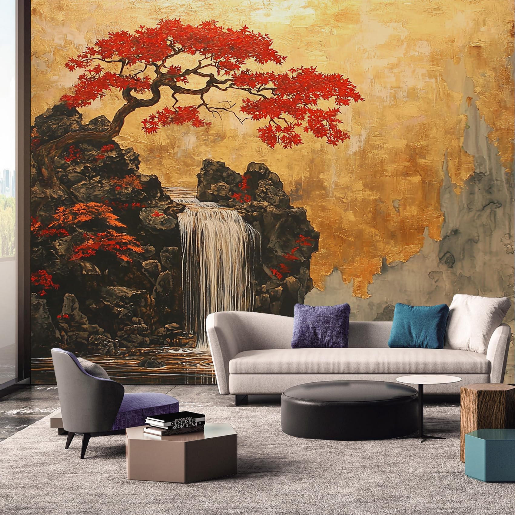 Waterfall Wallpaper, Landscape Japanese Tree Mountain Wallpaper Murals, Waterfall Room Decor Wall Art for Bedroom Kitchen Living Room 500L x 350W cm