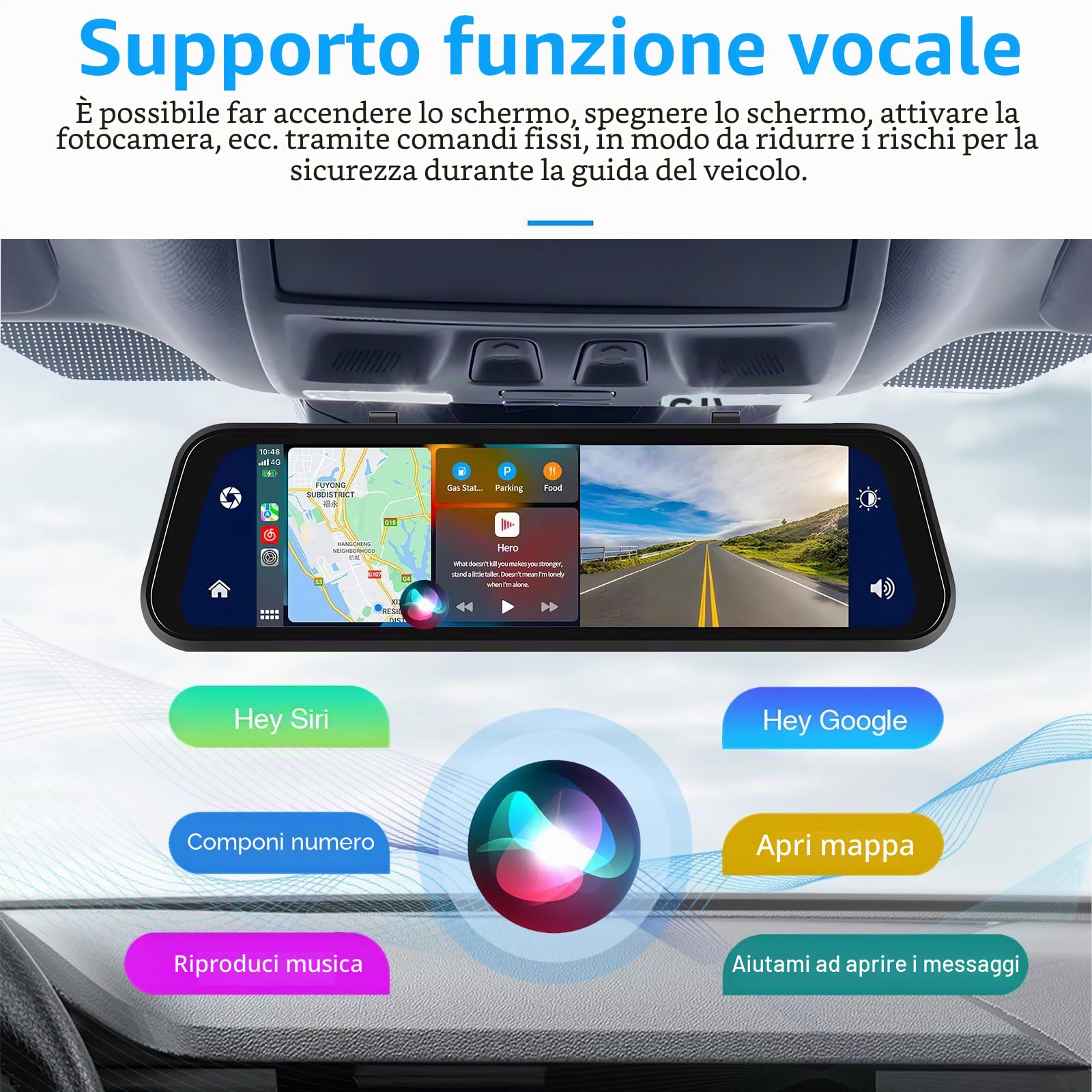 Podofo Specchietto Retrovisore Dash Cam 9.66" IPS Touch Screen Con Wireless Carplay, Android Auto, Dual 1080P Dashcam, 2 Schermi Divisi
