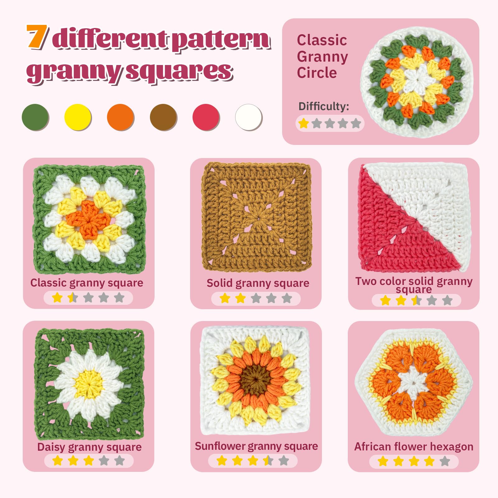 SGIBYN Kit de ganchillo para principiantes con tutoriales en video paso a paso, kit de ganchillo para principiantes de Granny Squares para principiantes, kits de tejer para mujeres (cuadrados de