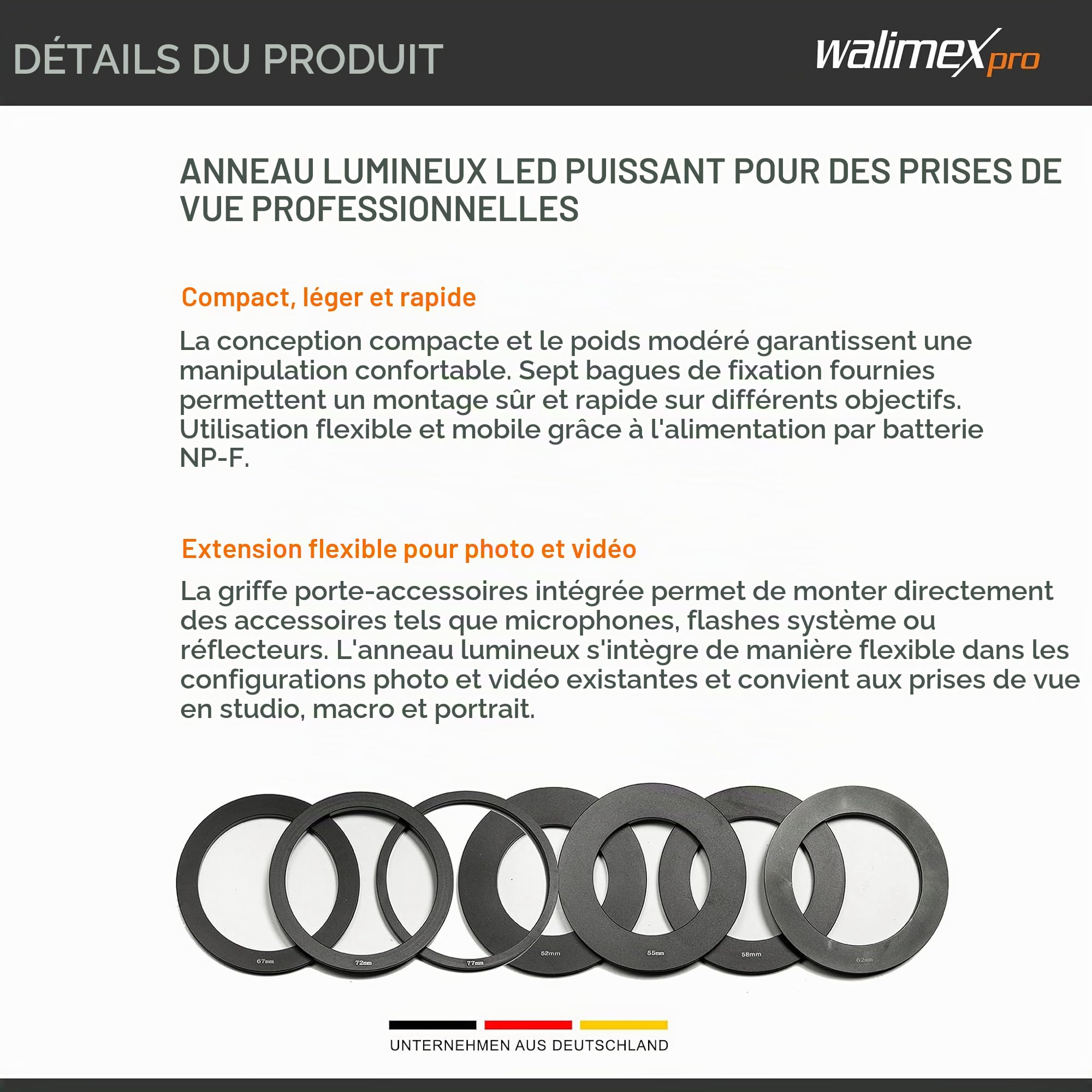 Walimex pro Macro LED Ringlight DSR 232, éclairage annulaire 14 W avec 232 LED, éclairage vidéo à intensité Variable en continu