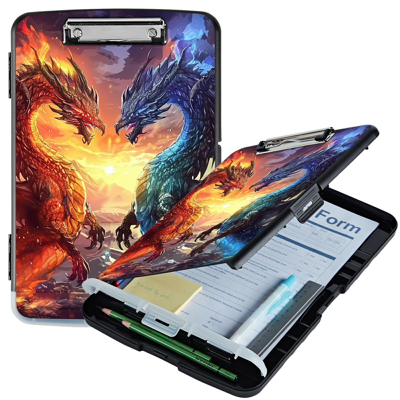 RWUTYTIUL Blue Red Dragon A4 Clipboard with Storage Pen Holder, Clipboards Organizer Nursing Clipboard Foldable File Folder Plastic Clipboard Folio Clip Board for Office Students Classroom Doctor โ image 1