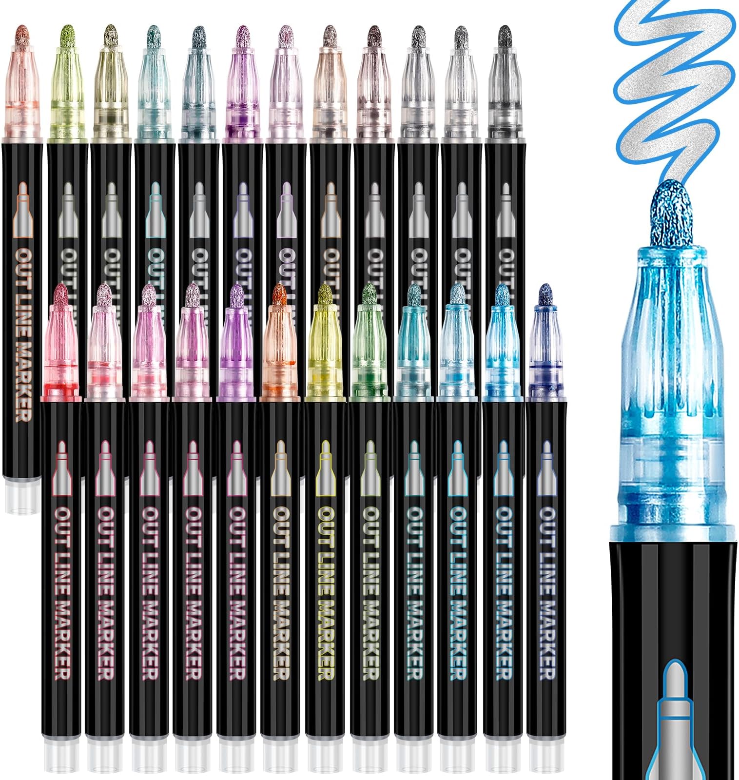ANYUKE 24 Double Line Outline Pens, Shimmer Outline Markers Glitter Pens for Girls Crafts, Art Supplies Metallic Pen for Card Making