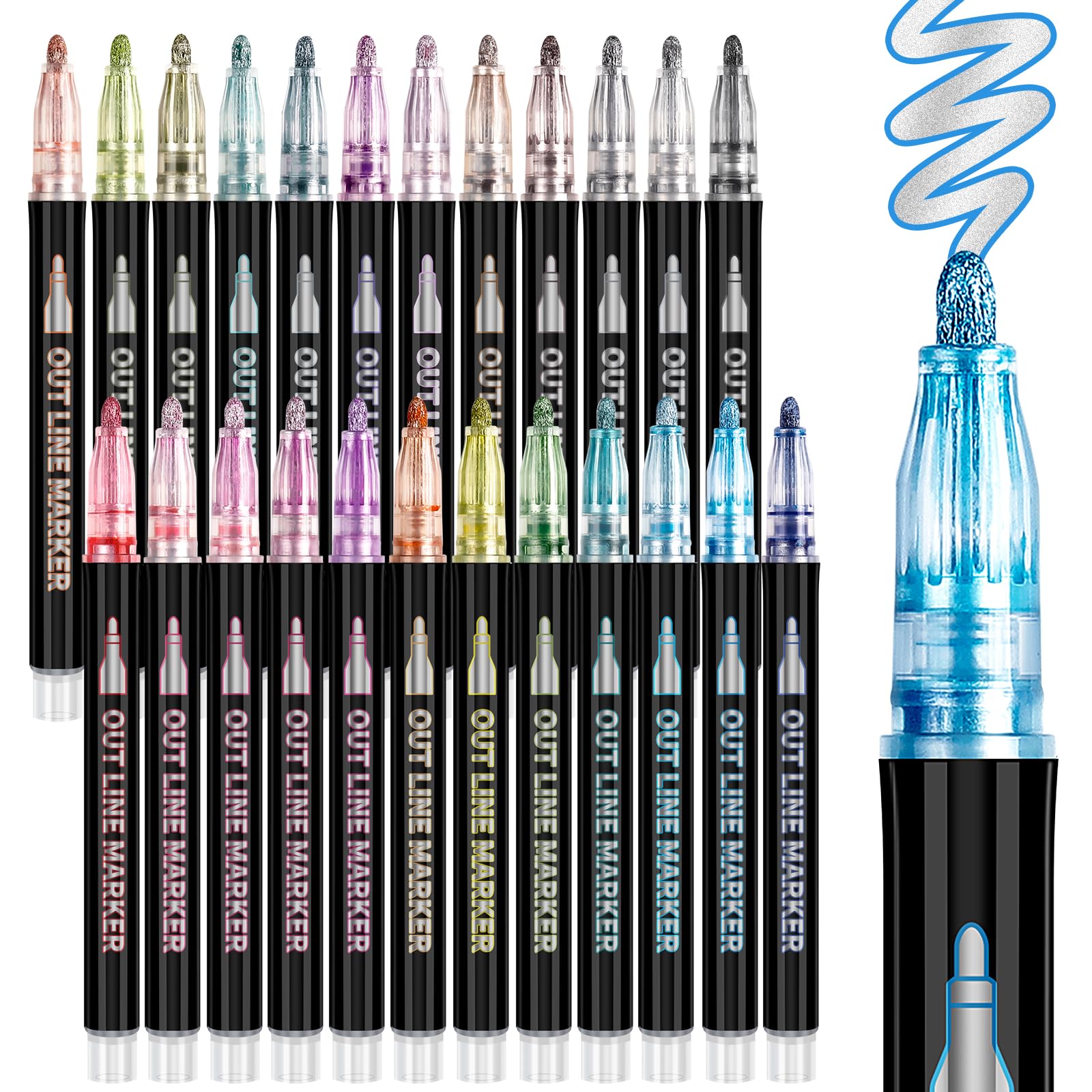 Christmas Gifts Stocking Fillers- 24 Double Line Outline Pens, Shimmer Outline Markers Glitter Pens for Girls Crafts, Art Supplies Metallic Pen for Card Making