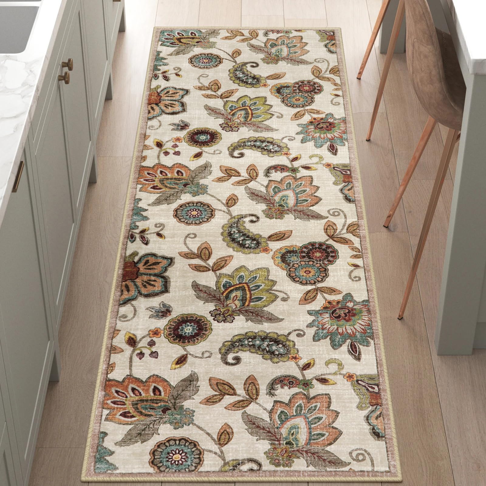 Morebes Floral Kitchen Runner Rug,Washable Runner Rugs for Hallway 2x6,Non-Slip Bath Mat Distressed Paisley Rug Indoor Floor Carpet Runner for