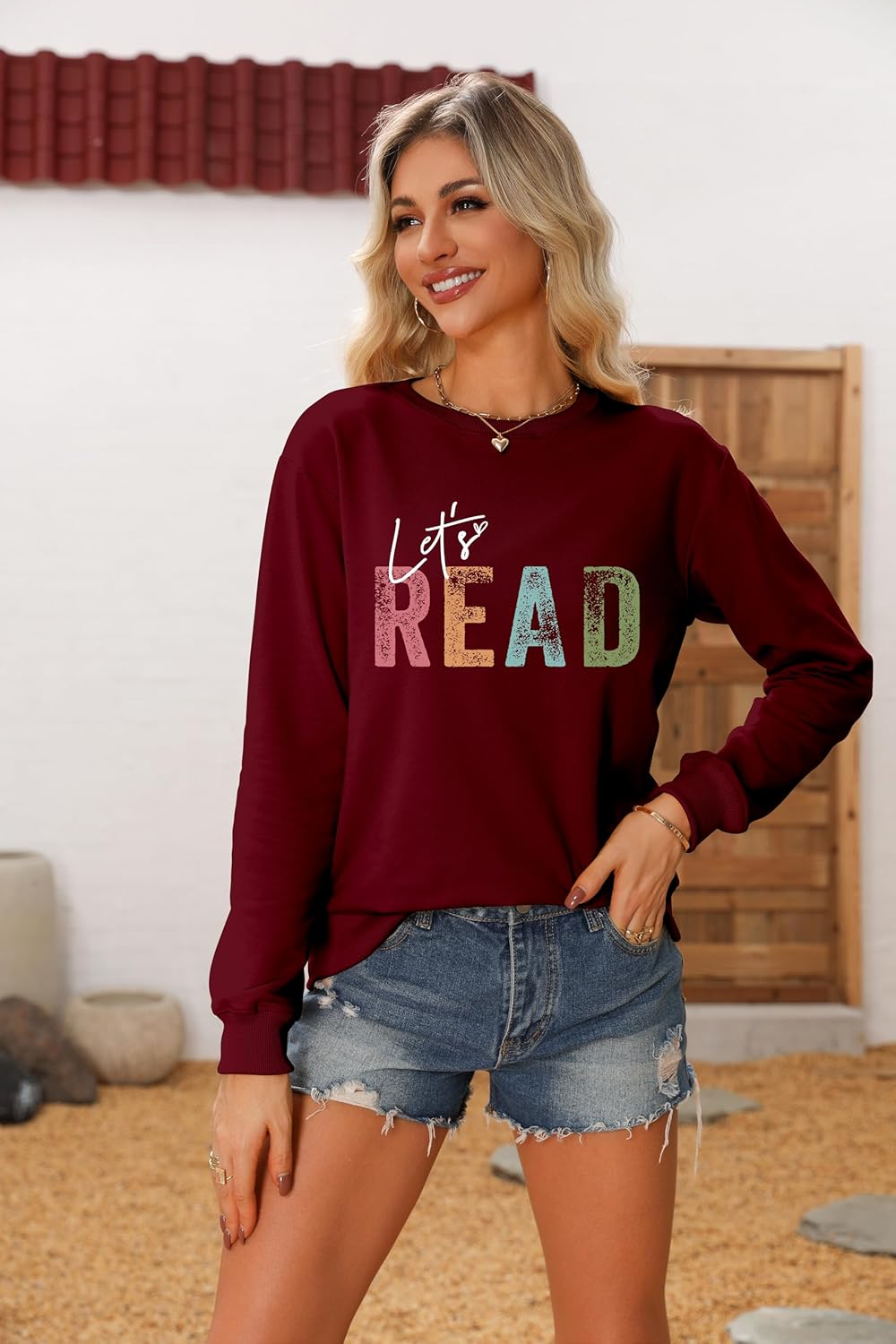 Let's Read Sweatshirt Women Reading Book Sweatshirts Funny Graphic Shirts Library Book Pullover Long Sleeve Tops - Image 2