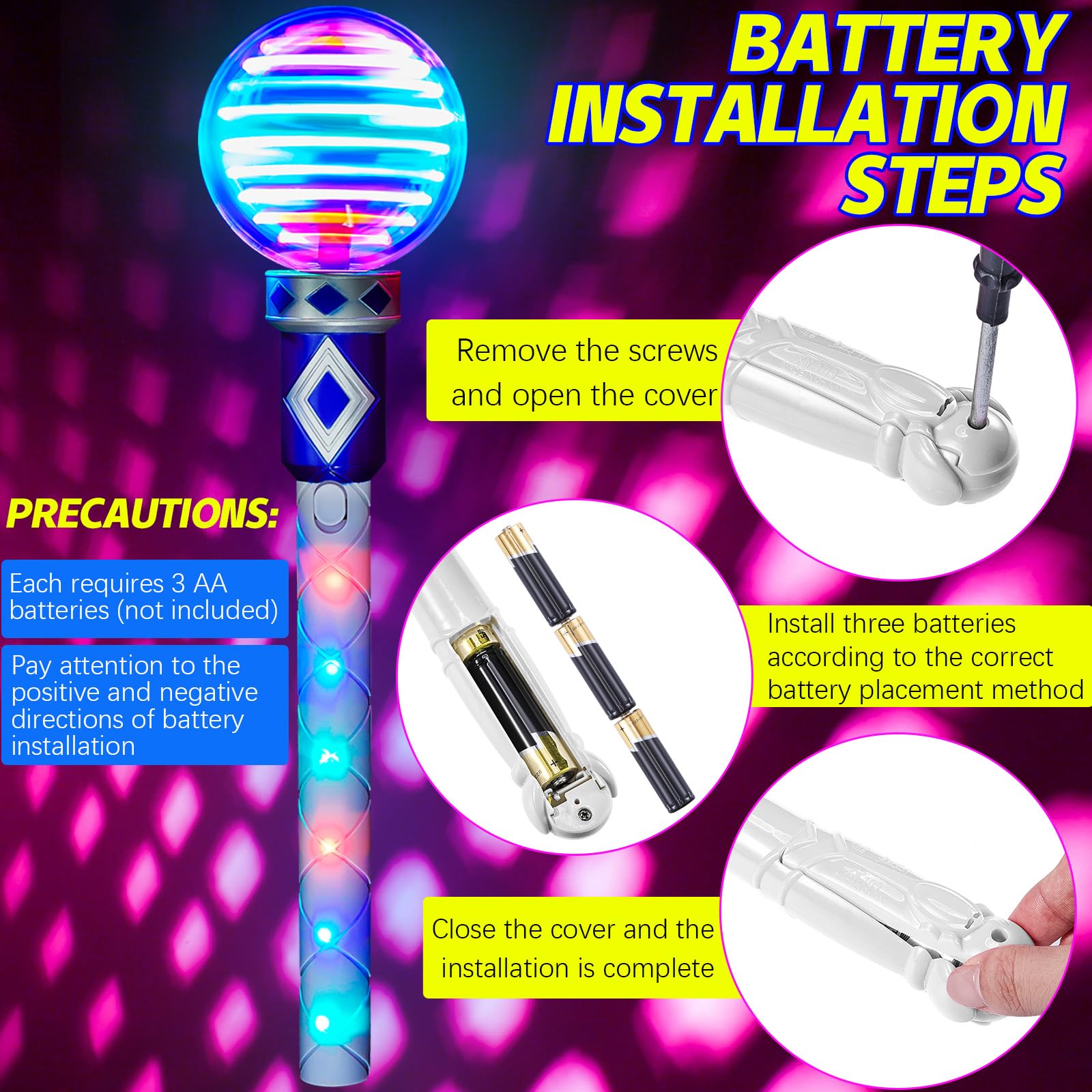 Poen 4 Pcs Light up Wand Magic Wand Spinning Toy Magic Princess Sensory Toys LED Flashing Magic Toys for Twirling Show Birthday Gift Party Carnival Favor (Batteries Not Included)