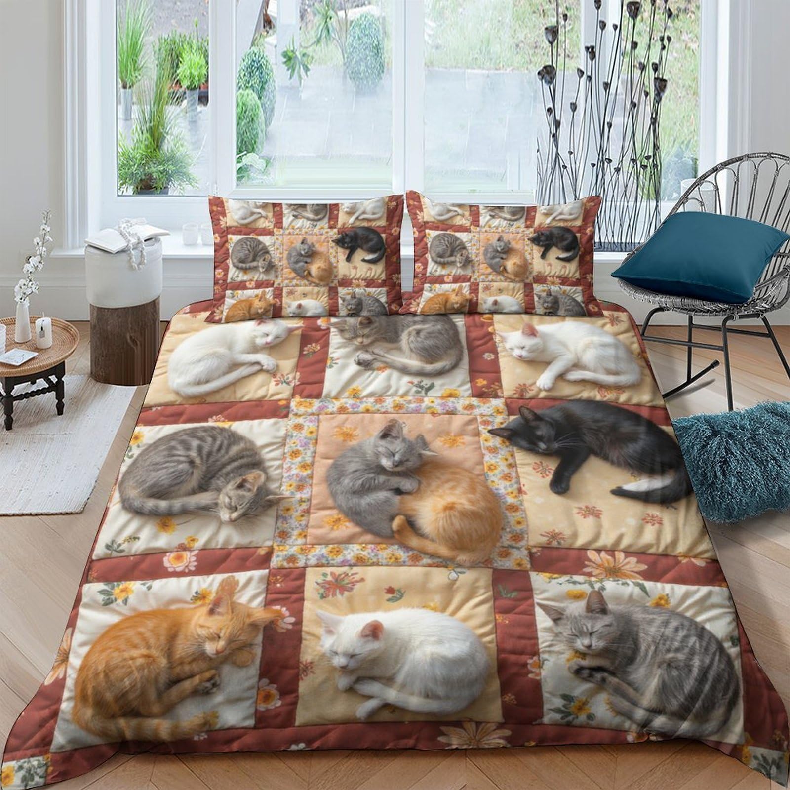 GPLZQXKJNH 3D Printed Sleeping Cats Duvet Cover Microfiber Soft Breathable Tabby Cat Quilt Cover Bedding Set with 2 Pillowcases for Bedroom Decor Single（135x200cm）