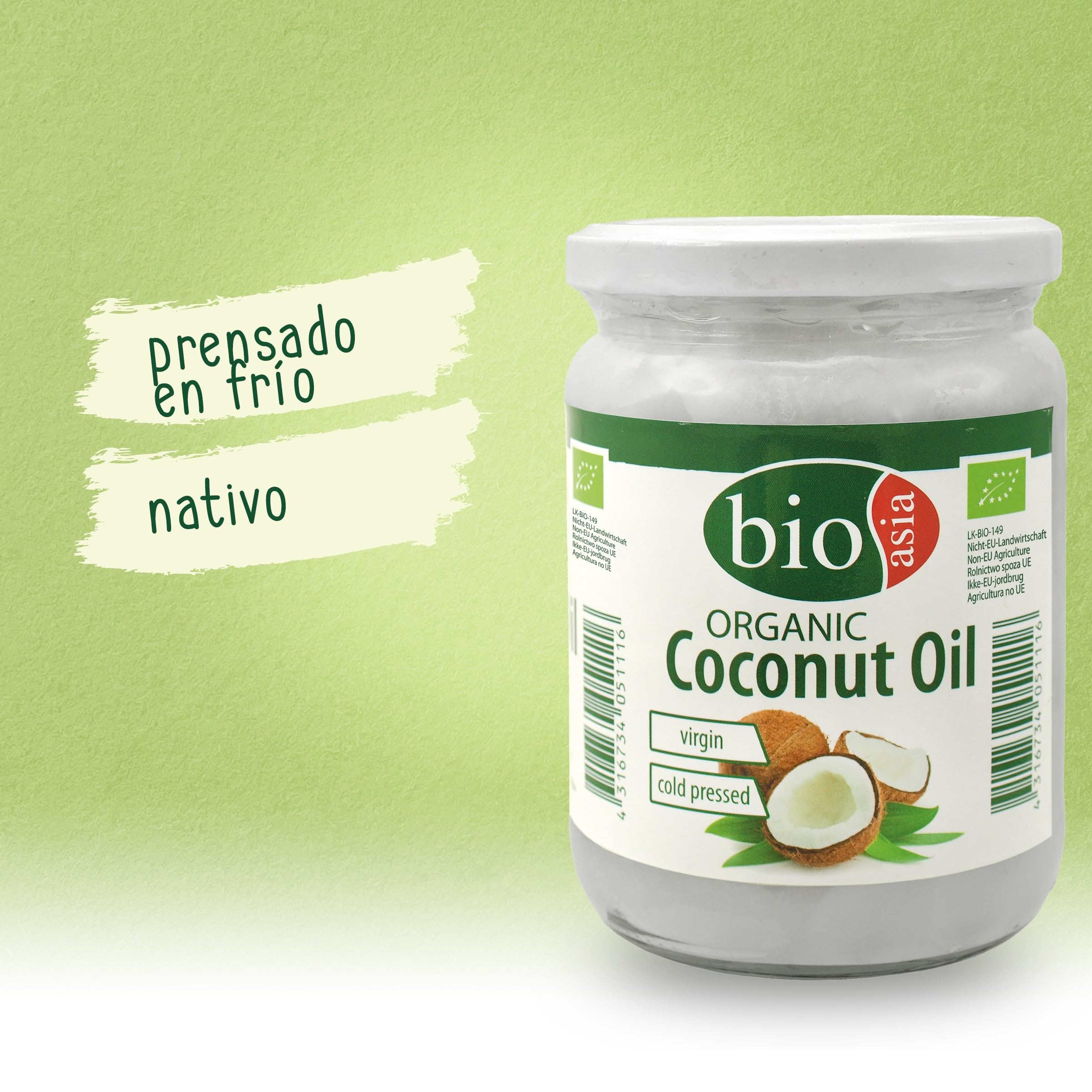 BIOASIA Aceite de coco ecológico, prensado en frío, sin aditivos, grasa vegana para cocinar, freír y hornear, también utilizable como cosmética natural, 100 % bio, 6 x 500 g