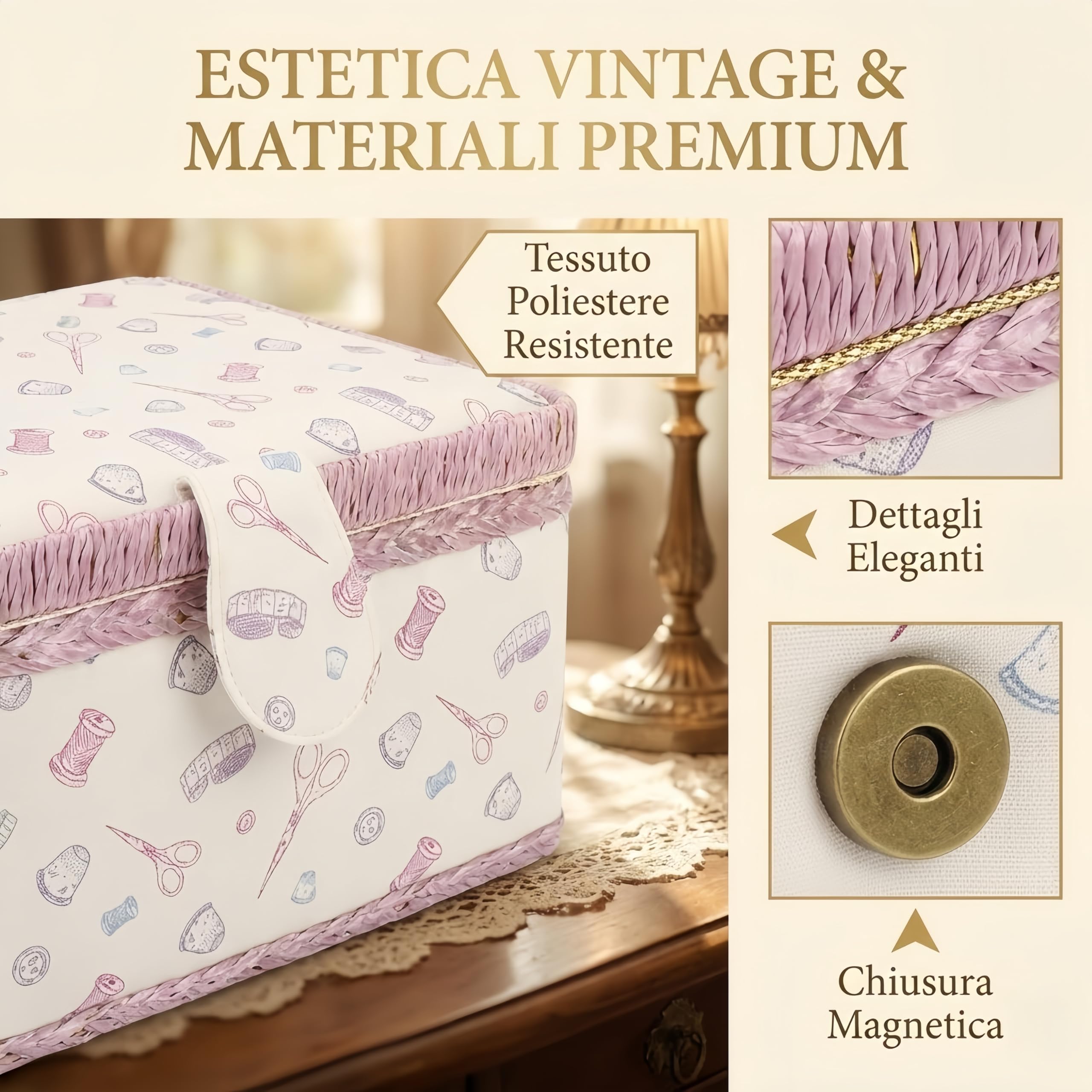 Cestino da Cucito Vintage con Manico - Scatola Portaoggetti in Tessuto con Vassoio Rimovibile, Organizer Kit Cucito Doppio Strato per Aghi e Fili (Fantasia Rosa)