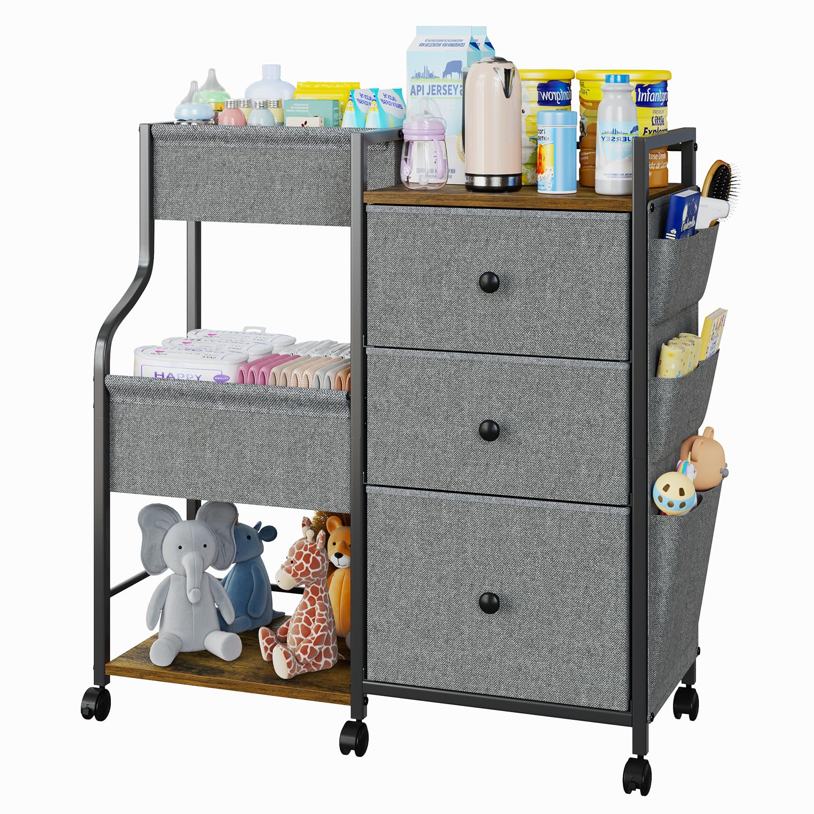 Baby Diaper Caddy 3 Tier Baby Organizer and Storage Cart with Dividers and Drawers Mobile Utility Rolling Cart
