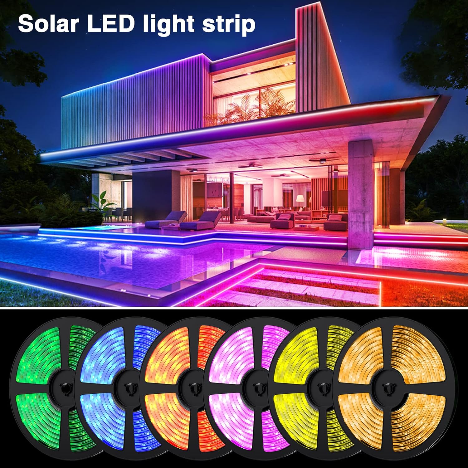 UT 32.8FT Solar Outdoor LED Strip Light, Solar Garden RGB Strip Light Decoration, IP66 Waterproof Decorative Rope Lights with Remote Control for Yard Trees Garden (10M A Sets with Adhesive, 2nd Gen)