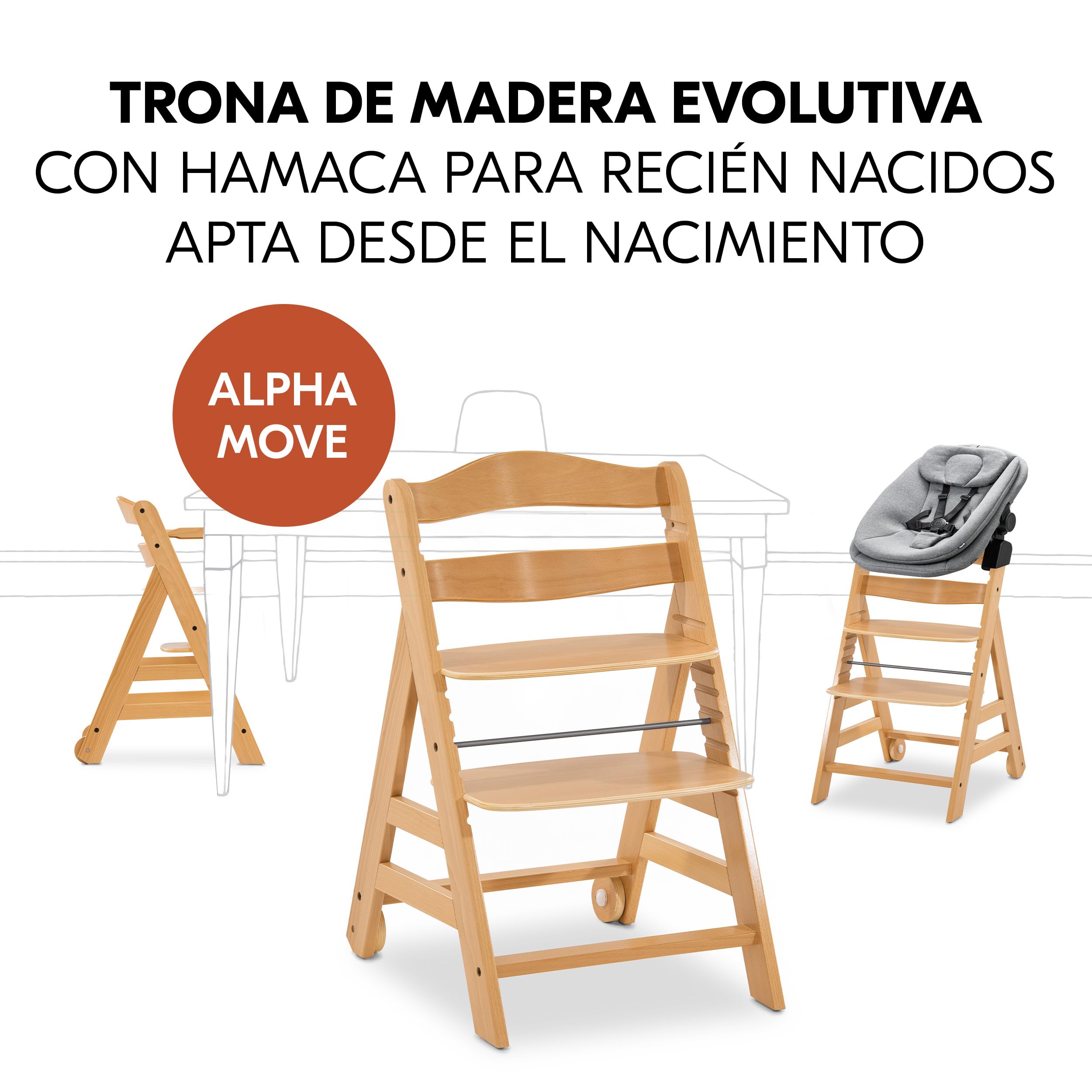 hauck Alpha Move Set 3 en 1 Trona de Madera Evolutiva con Hamaca para Recién Nacido | Silla alta Bebé desde el Nacimiento | Tronas Niños Completa Incluye Cojín y Bandeja - Natural