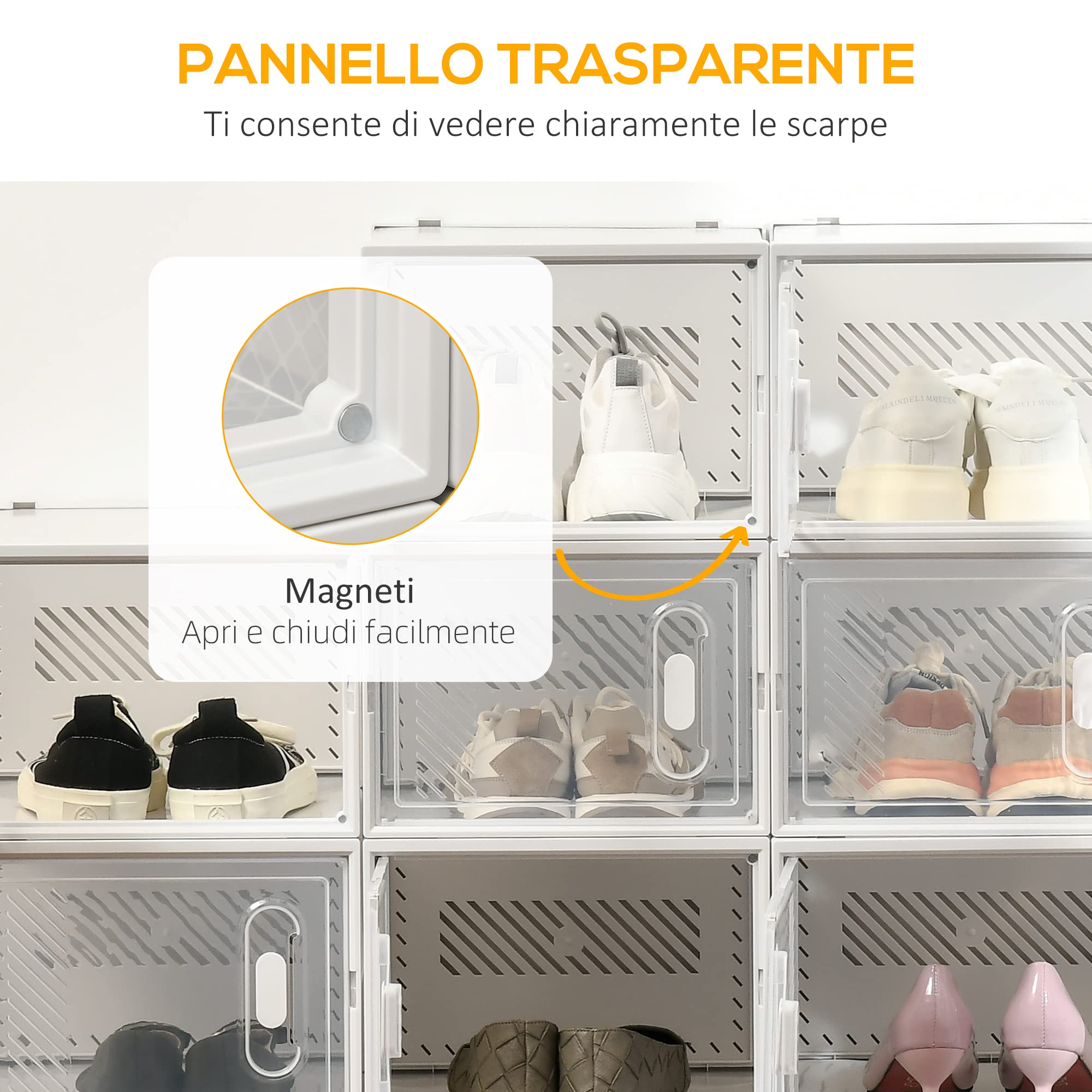 HOMCOM Mobile Scarpiera Modulare Salvaspazio per Interni con Fori di Ventilazione, 18 Cubi 28x36x21cm in Plastica PP, Bianco e Trasparente