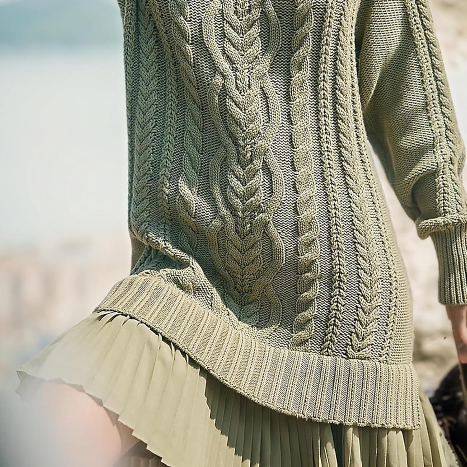 Women Cable Knit Sweater Dress Crewneck, Causal Crew Neck Long Sleeve Patchwork Pullovers Mini Dresses