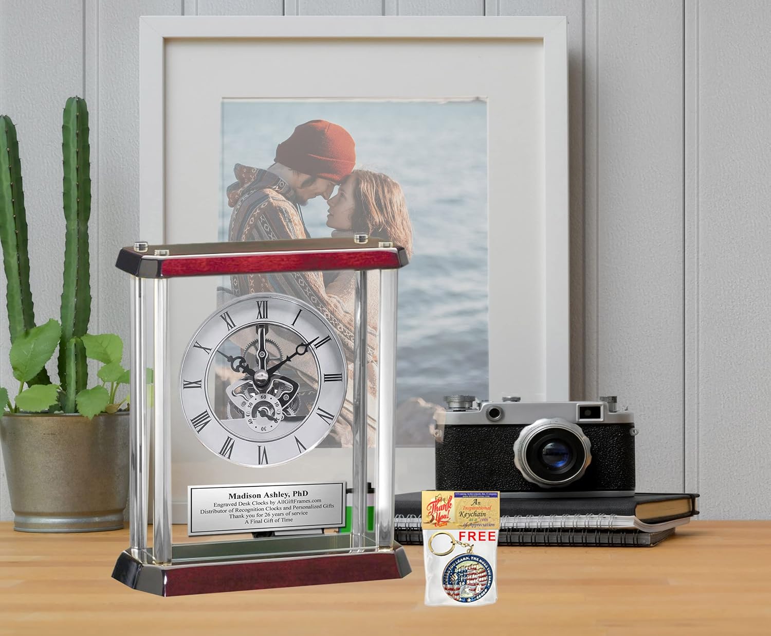 AllGiftFrames Engraved Gear Davinci Clock Glass Mantel Silver Engraved Plate Retirement Gift Birthday Employee Coworker Service Award Wedding Anniversary 8.5 x 8