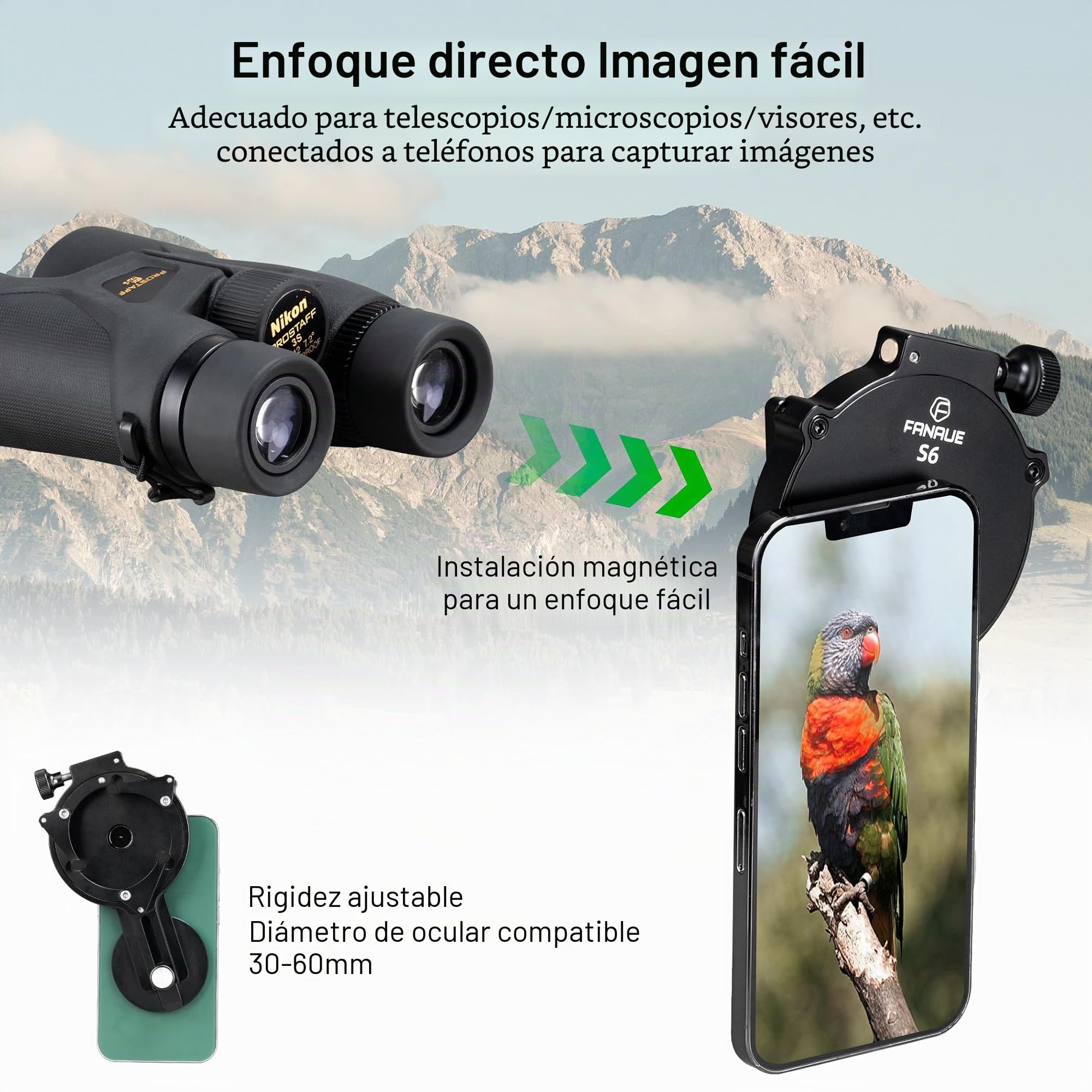 FANAUE Adaptador de teléfono telescópico, soporte de teléfono inteligente para prismáticos, microscopio monocular, soporte magnético para teléfono celular para fotografía de cámara