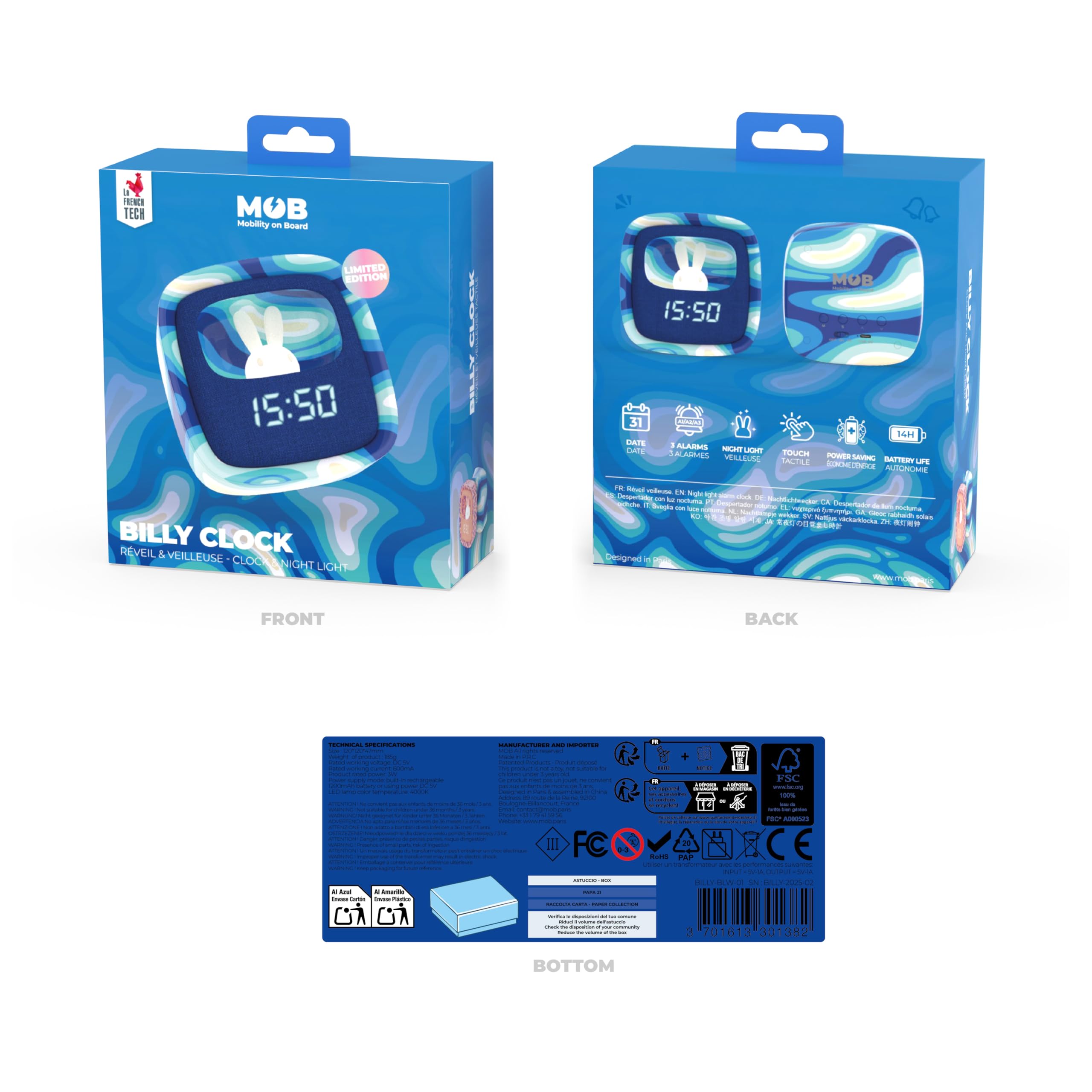 Billy Clock - Sveglia e luce notturna per bambini, telaio in plastica soft-touch, programmazione data, ora e 3 allarmi, blu waves, mob