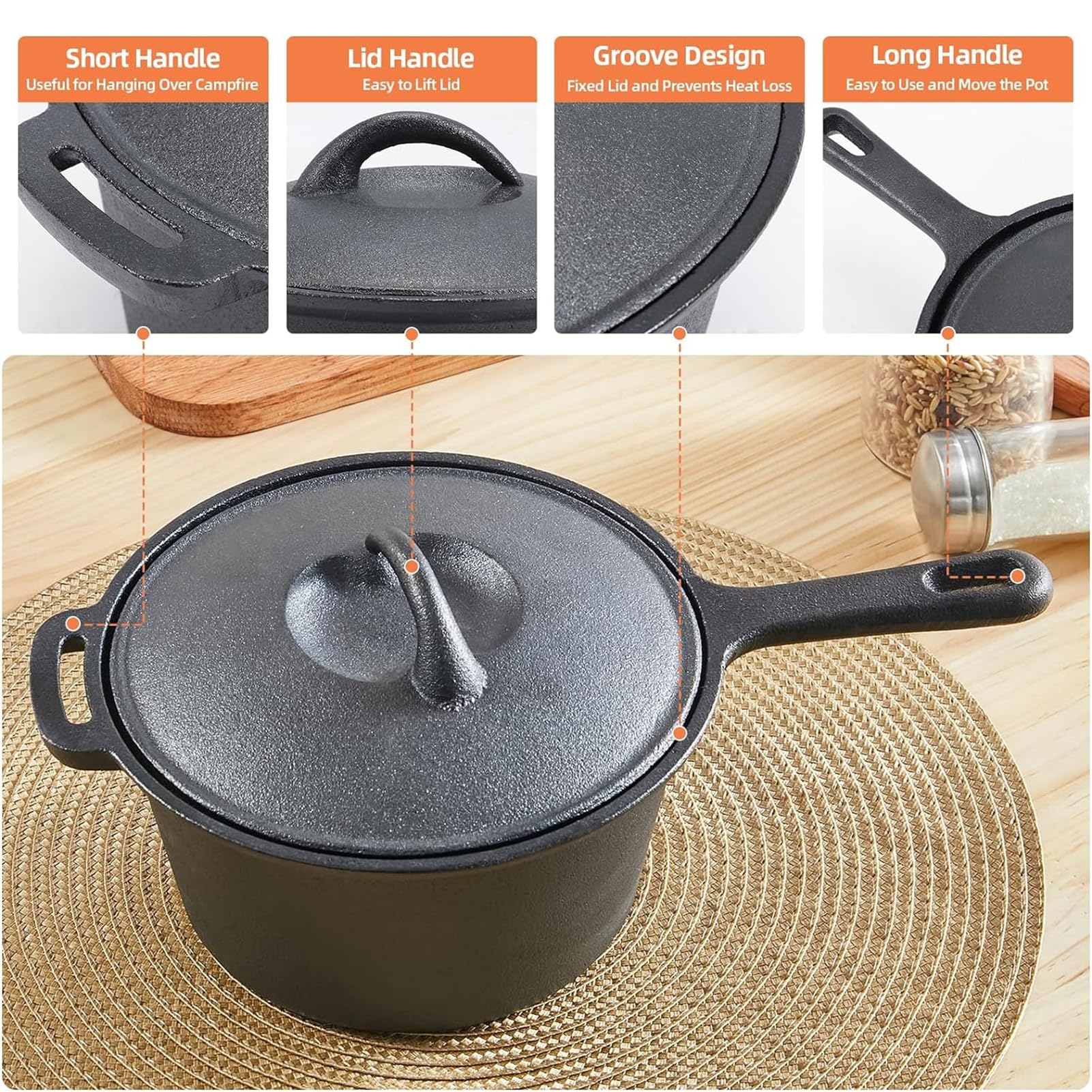 Forno Olandese in Ghisa, 2L Antiaderente Pre-Stagionato Pentolino Olandese con Coperchio E Manico Lungo, Ideale per Campeggio, Cottura, Cottura E Frittura,Nero