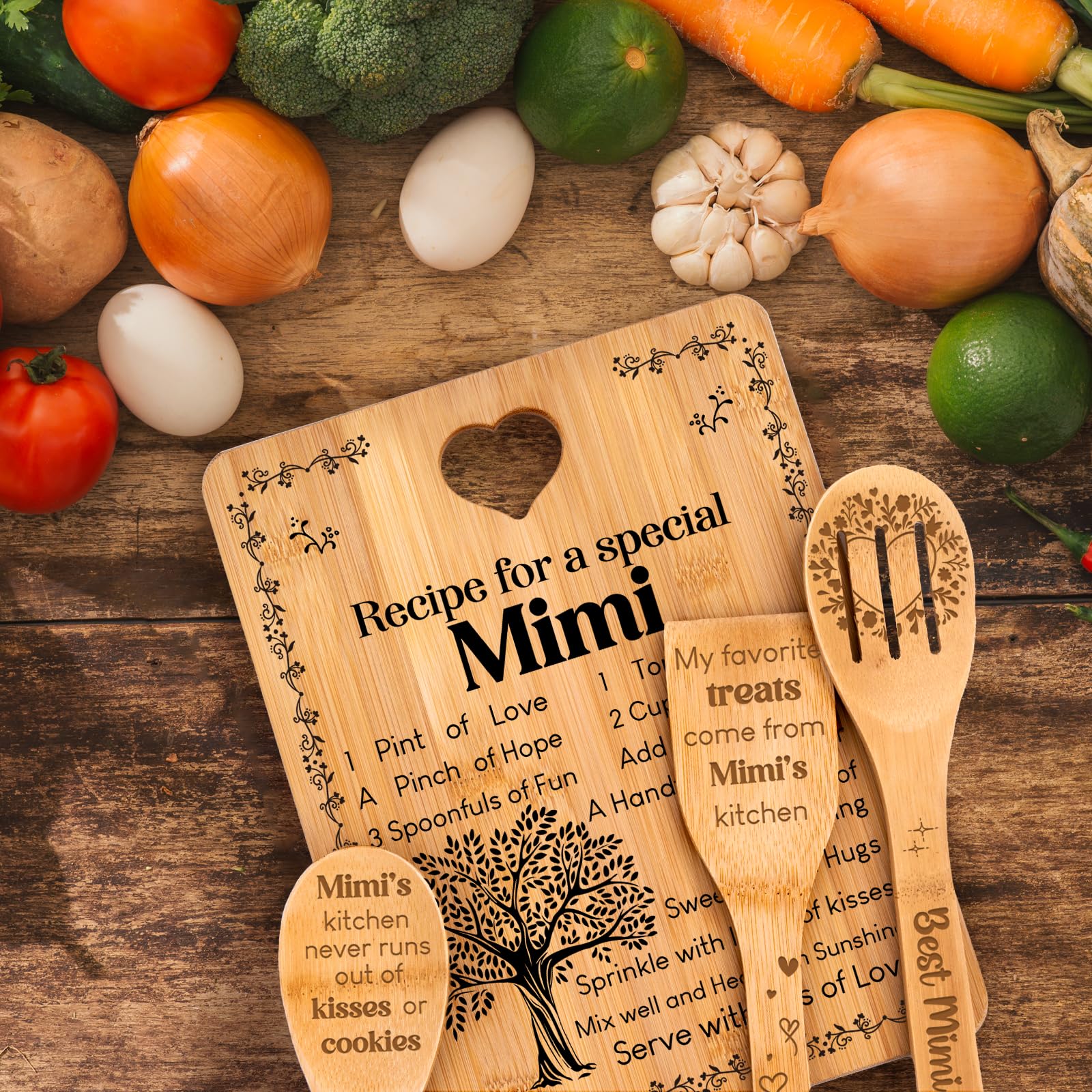 Mimi Gifts - "Recipe for a Special Mimi" Gift for Mimi Cutting Board Set, Bamboo-Made Engraved Utensil Set Best Mimi Ever Presents Cutting Board, Mothers Day Gifts for Mimi.