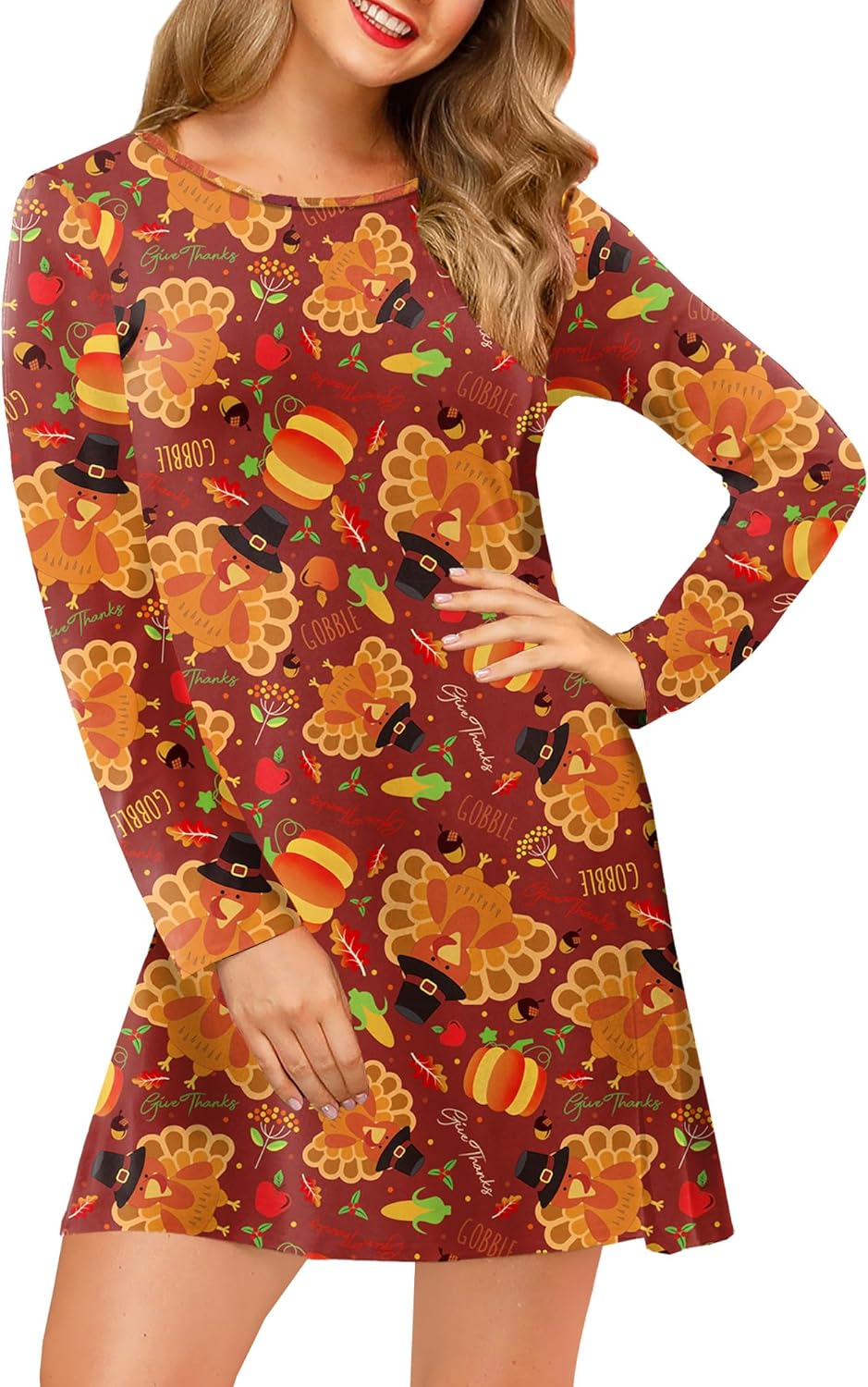 Women's Thanksgiving Dress Maple Leaves Turkey Graphic Long Sleeve Thankful Costume with Pockets