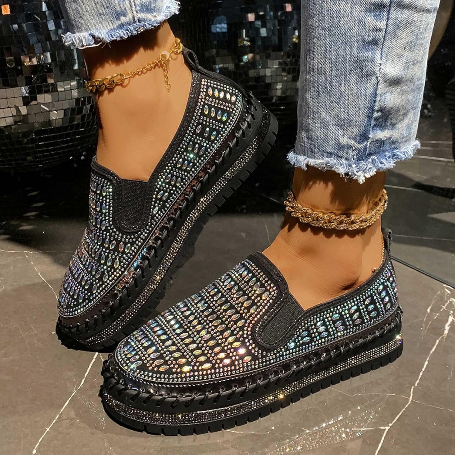 Women Soft Sole Moccasin Loafer with Rhinestone Embellished High Elastic Glitter Penny Shoe Plain Trendy Spring Flat - Image 3