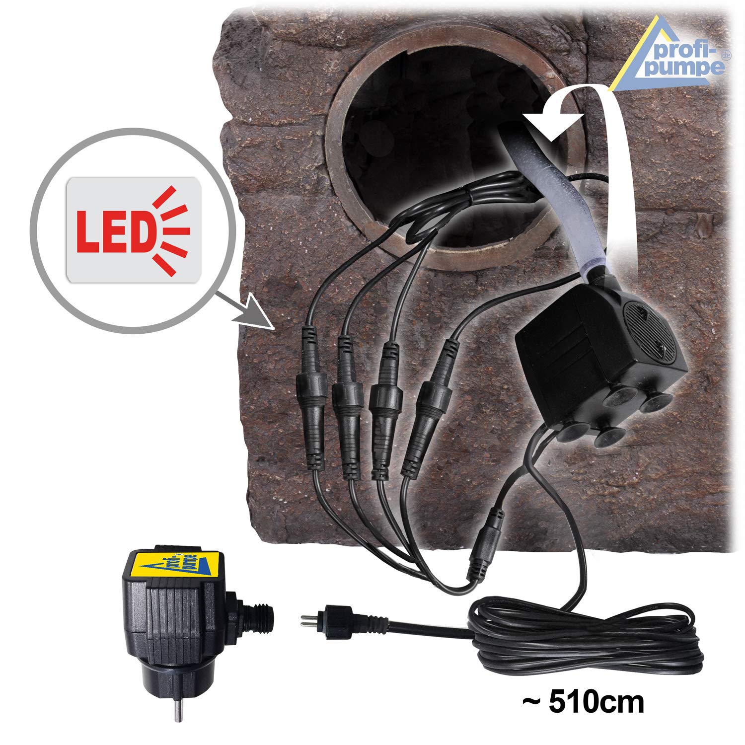 Zierbrunnen Wasserspiel mit LED-Licht und Pumpe für Garten, Gartenteich, Terrasse (230V - WALDZWERG)