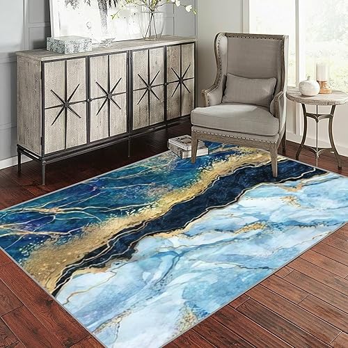 Miniatura 3 de Alfombra abstracta con textura de mármol azul, moderna, bohemia, colorida, suave, antideslizante, para interiores y exteriores, sala de estar,