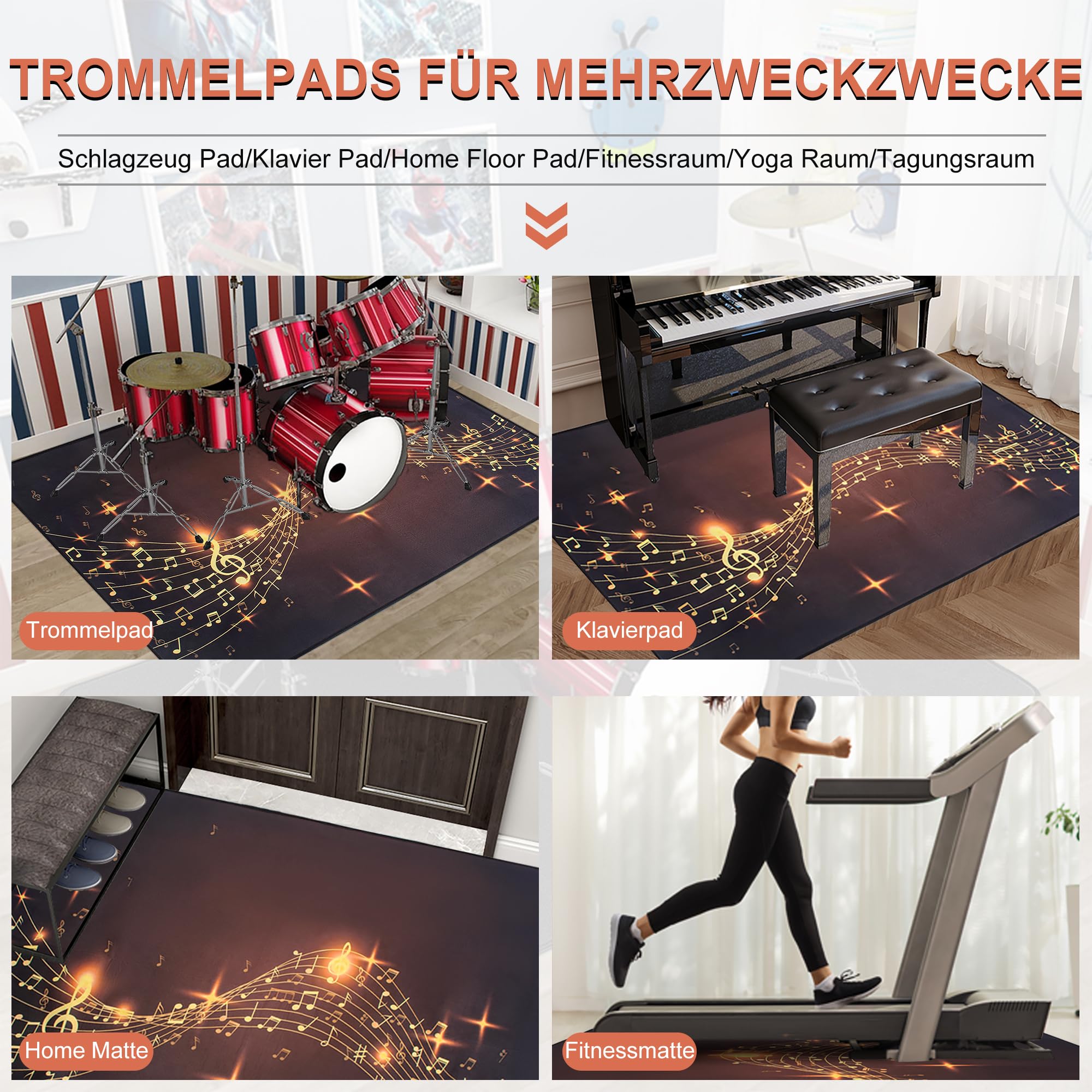 OUUTMEE Tappeti per batteria Tappeto per percussioni, motivo musicale rettangolare professionale (122 x 182 cm)