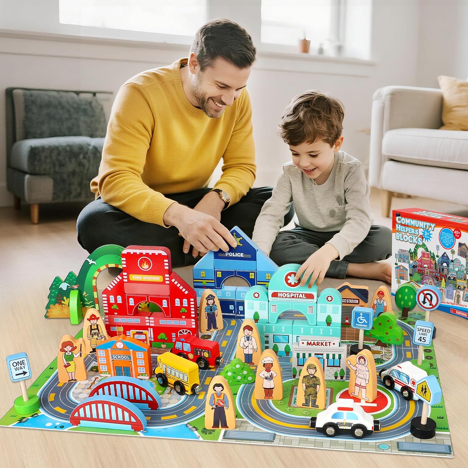 Toyssa 40+Pcs Wooden Community Helpers Preschool Toys for Kids 3 4 5 6, Little People Figures Blocks with Cars & Town Map, Toddlers Learning Pretend Play Toys Boys Girls Christmas Birthday Gifts