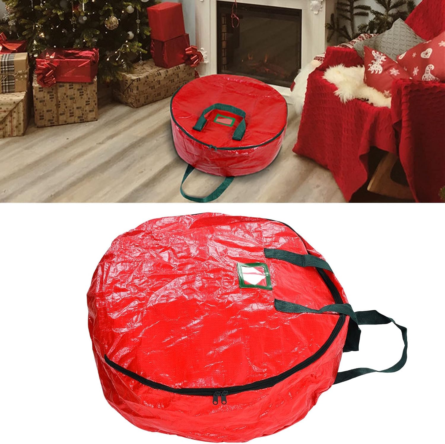 Christmas Wreath Storage Bag, Dust Proof Round Xmas Wreath Bag, PE Woven Fabric Garland Container with Handles for Home Party Office
