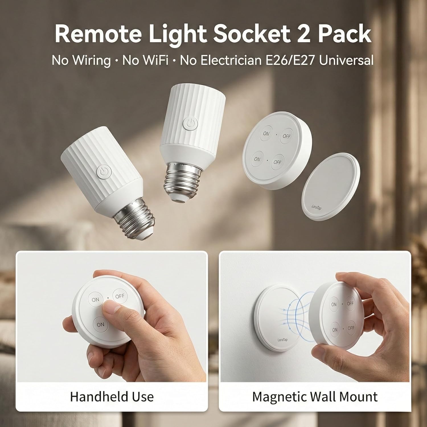 LoraTap Remote Control Light Socket, Wireless Light Switch for Pull Chain & Bare Fixtures, Wall Mount, 100ft Range for Closet, Basement & Garage, E26 E27 Adapter, No Wiring (1 Remote + 2 Sockets)