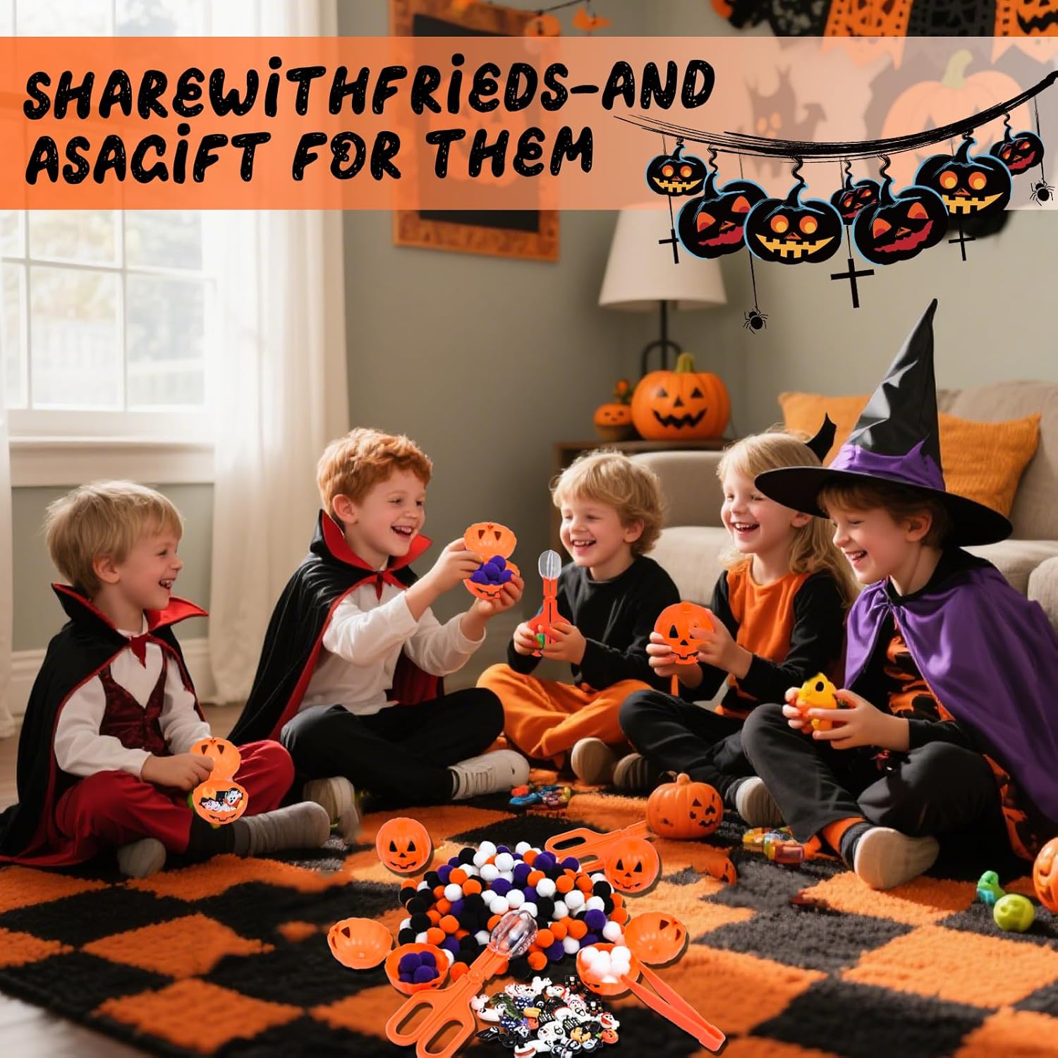 260pcs Halloween Fine Motor Sensory Bin Filler Set, Sensory Bin Tools 200 Pom Pom 50 Resin Figurines 6 Pumpkin Sorting Cup with Shovel Spoon for Counting Training Development DIY Crafts Decor
