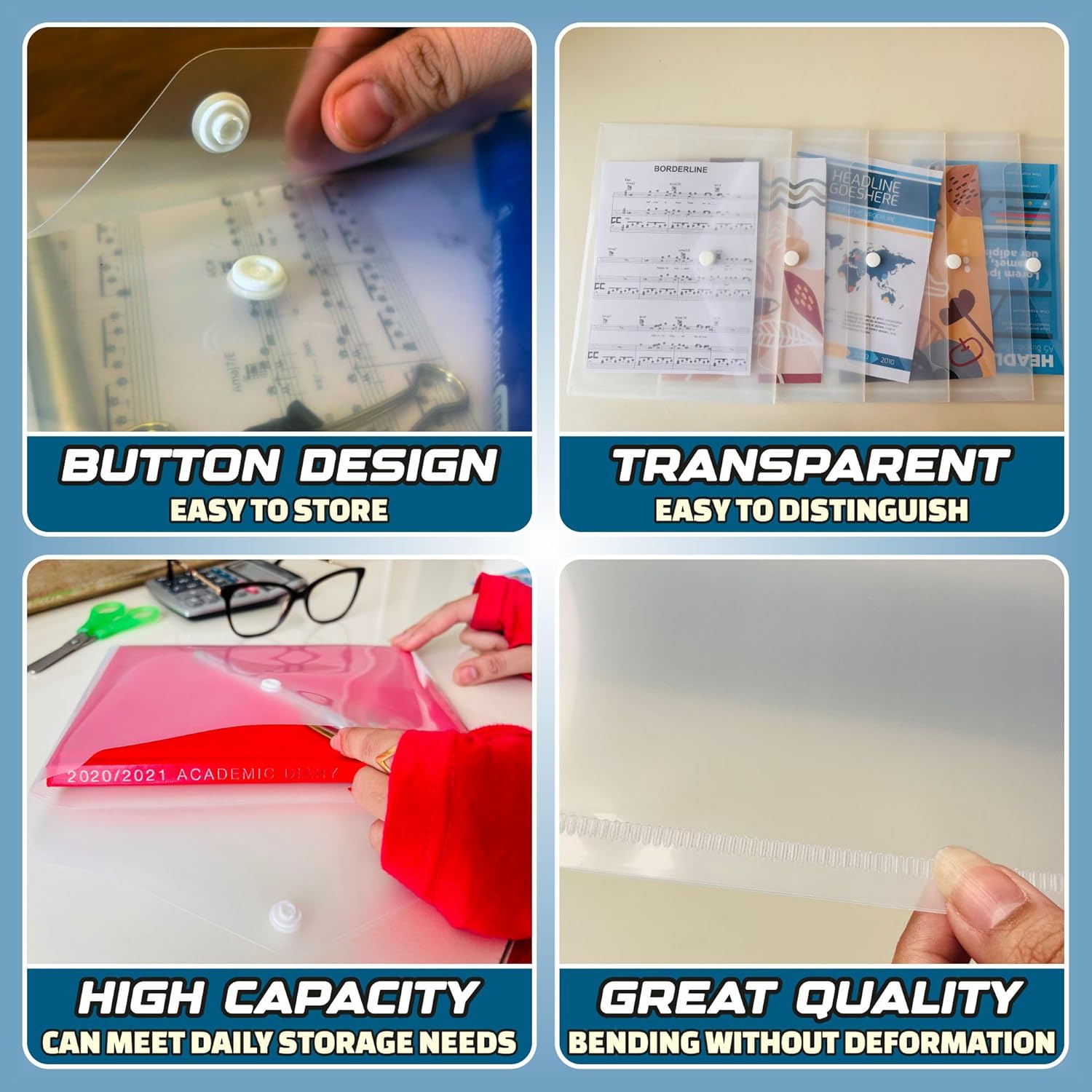 A5 Plastic Wallet Files for Document Storage - Stud Closure - Clear Finish - Pack of 20