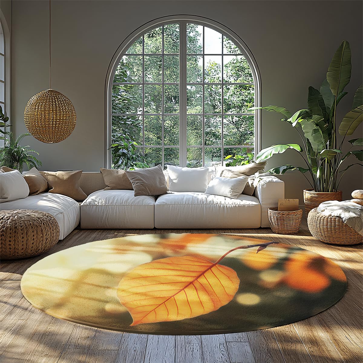 Tapis rond feuilles d'automne 90 cm pour déco salon et chambre