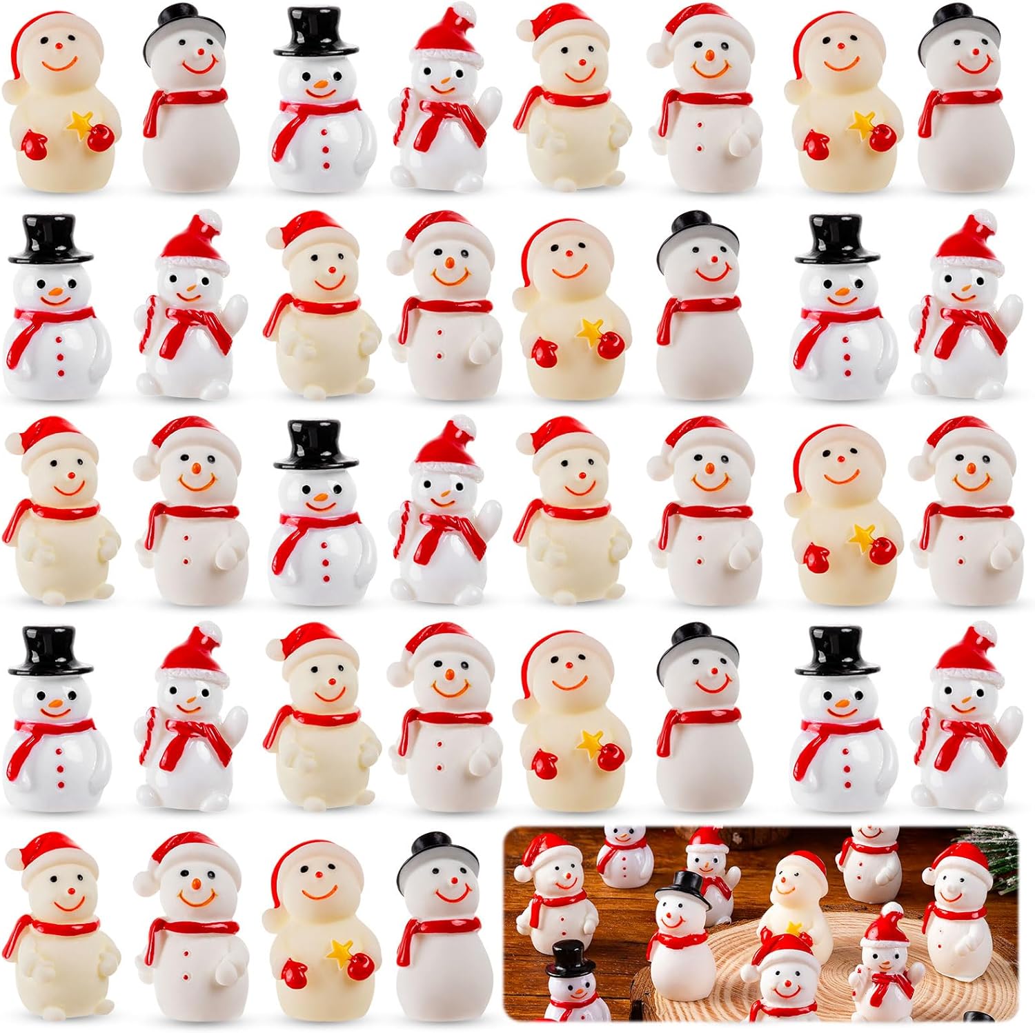 Mini Snowman Figurines, 36Pcs Christmas Miniature Snowmen, Resin Snowman with Hat for DIY Christmas Fairy Garden Dollhouse Decoration